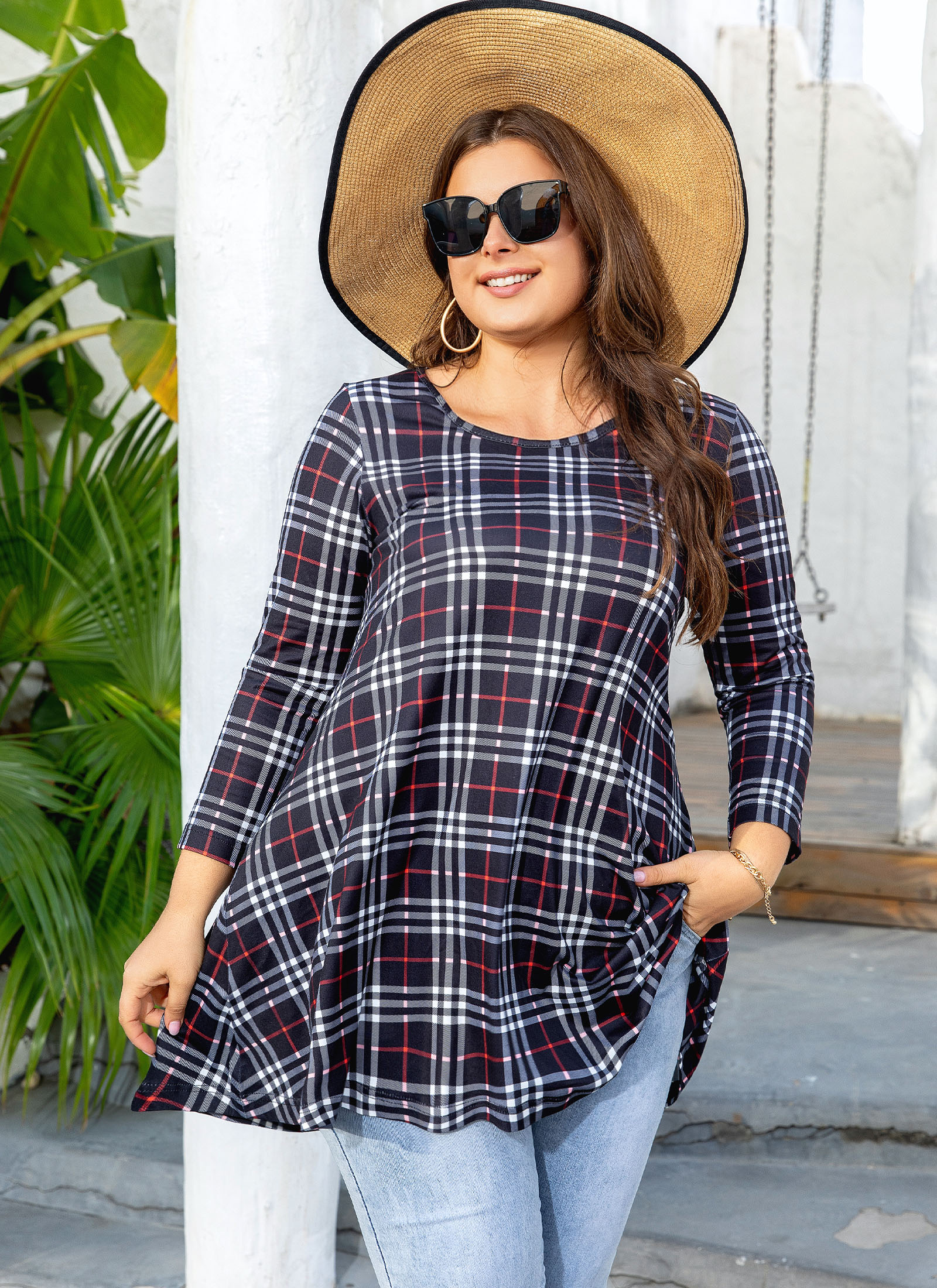 Womens Tunic Tops 3/4 Sleeve Plus Size Crew Neck Swing Flare Loose Fit T-Shirt Blouses to Wear with Leggings - splensive