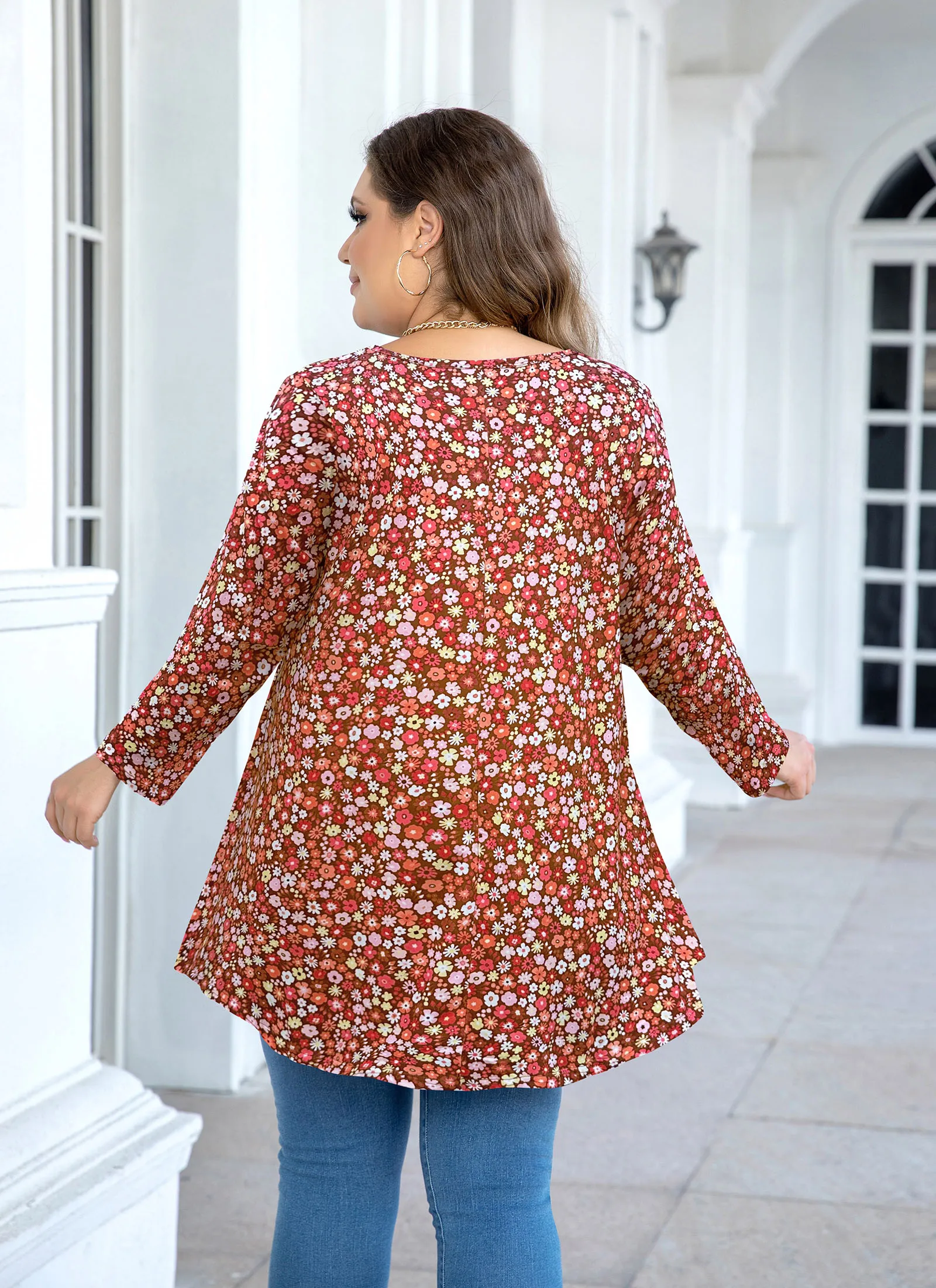 Tunic Tops for Women Plus Size 3/4 Sleeve Crew Neck Swing Flare Loose T-Shirt Blouses to Wear with Leggings - splensive