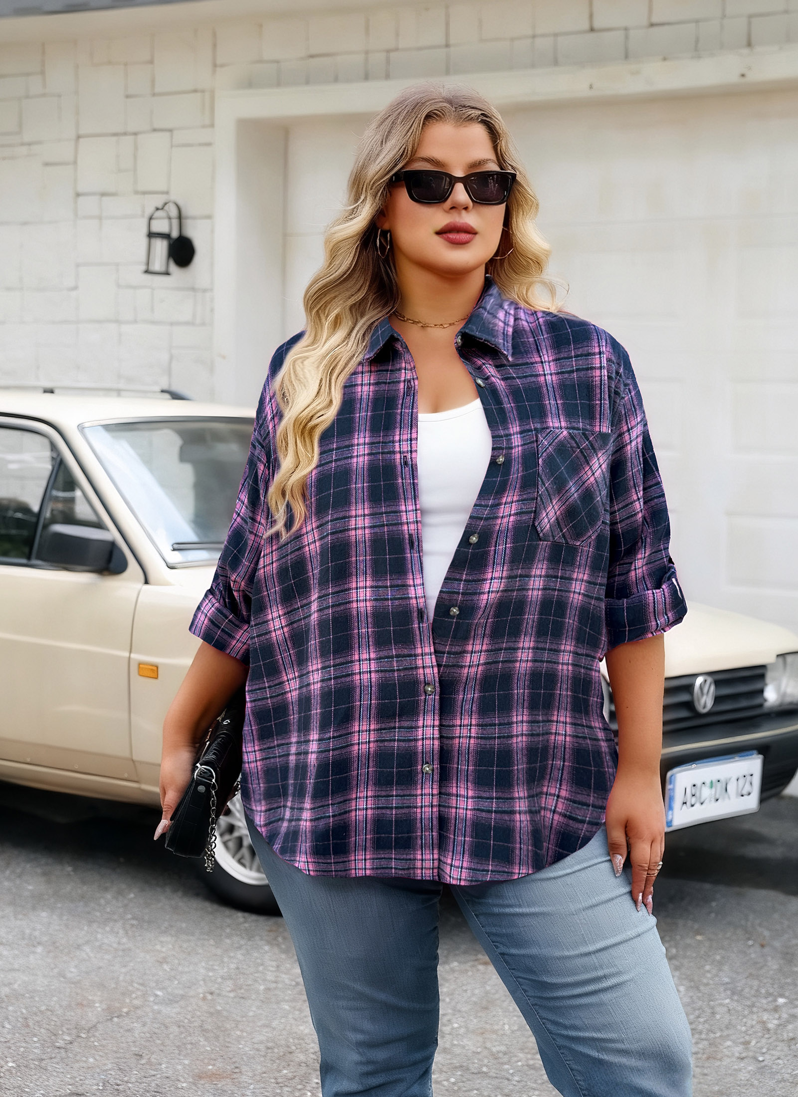 Womens Plus Size Flannel Shirts Long Sleeve Button Down Plaid Shirt Roll Up Oversize Checkered Blouse Top Fall A-02 Pink Navy Blue Plaid Shirt - splensive