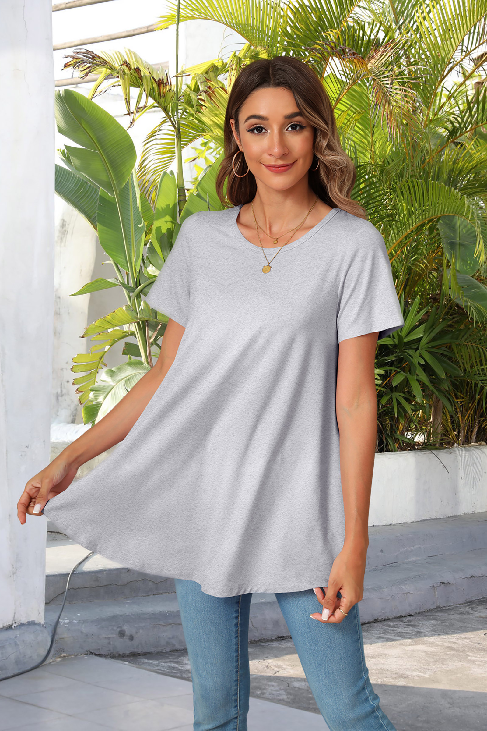 Tunic Tops for Women Plus Size Short Sleeve Crew Neck Swing Flare Loose T-Shirt Blouses to Wear with Leggings - splensive