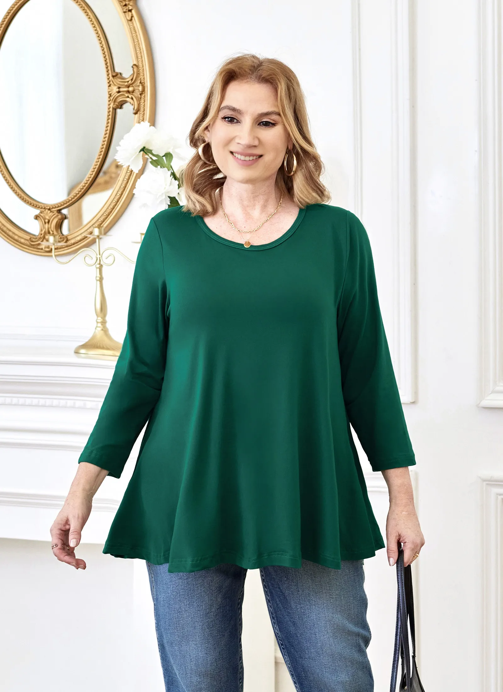 Tunic Tops for Women Plus Size 3/4 Sleeve Crew Neck Swing Flare Loose T-Shirt Blouses to Wear with Leggings - splensive