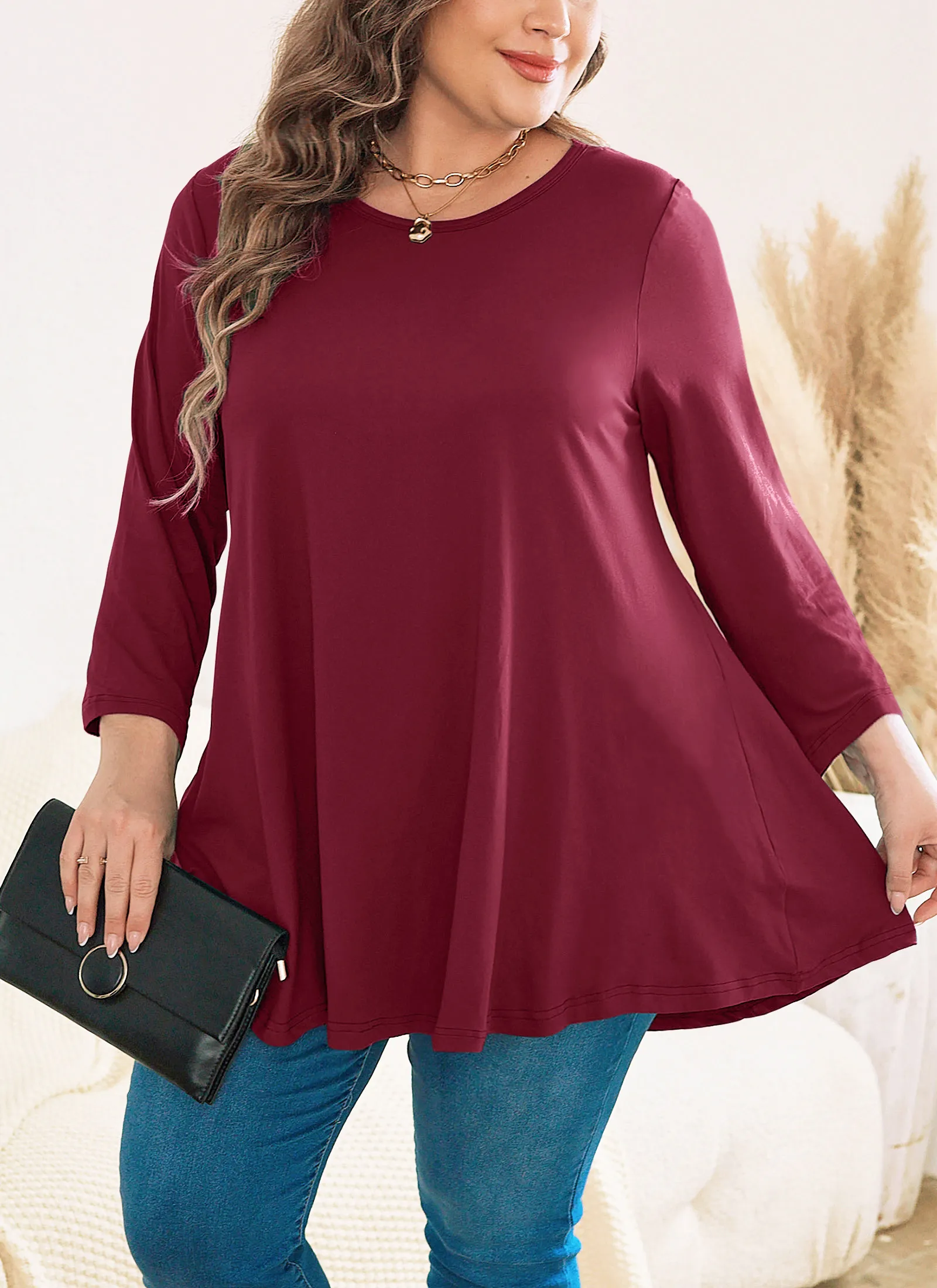 Womens Tunic Tops 3/4 Sleeve Plus Size Crew Neck Swing Flare Loose Fit T-Shirt Blouses to Wear with Leggings - splensive