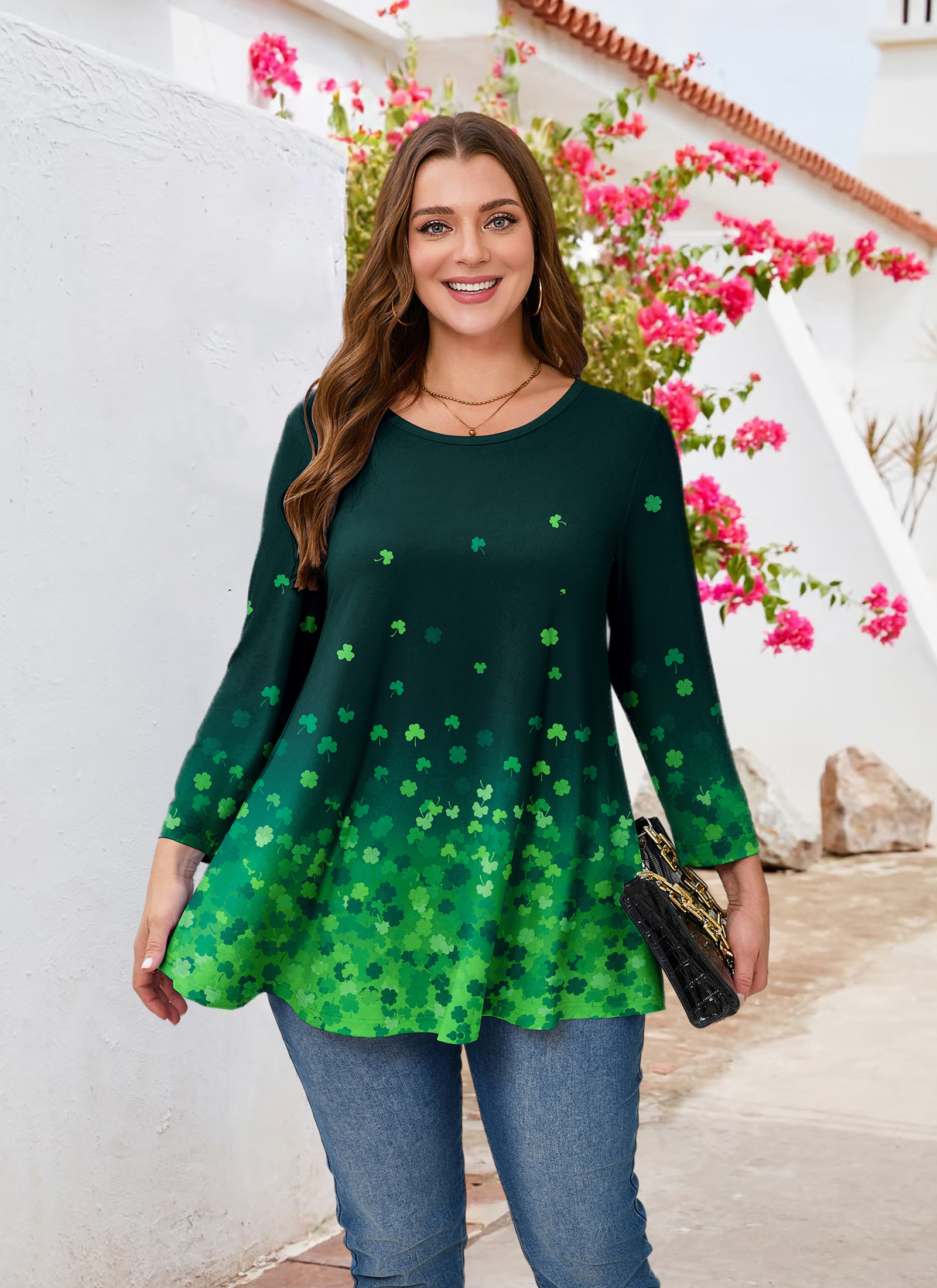 Tunic Tops for Women Plus Size 3/4 Sleeve Crew Neck Swing Flare Loose T-Shirt Blouses to Wear with Leggings Four-leaf clover - splensive