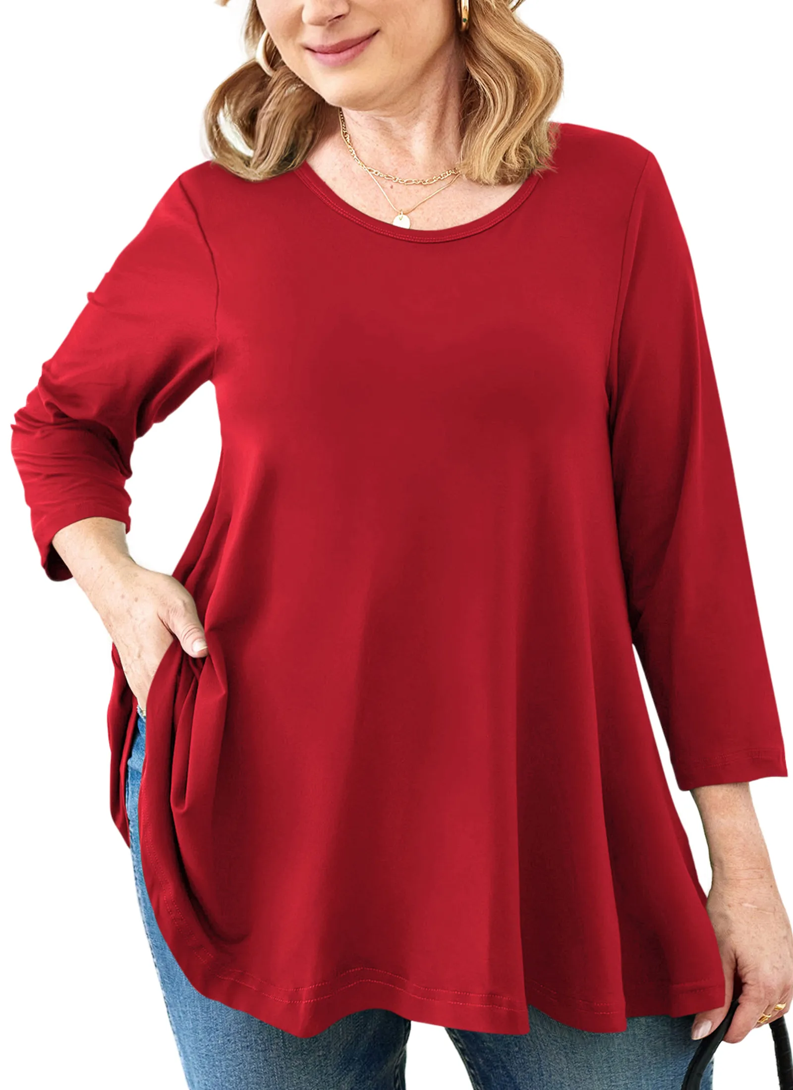 Tunic Tops for Women Plus Size 3/4 Sleeve Crew Neck Swing Flare Loose T-Shirt Blouses to Wear with Leggings - splensive