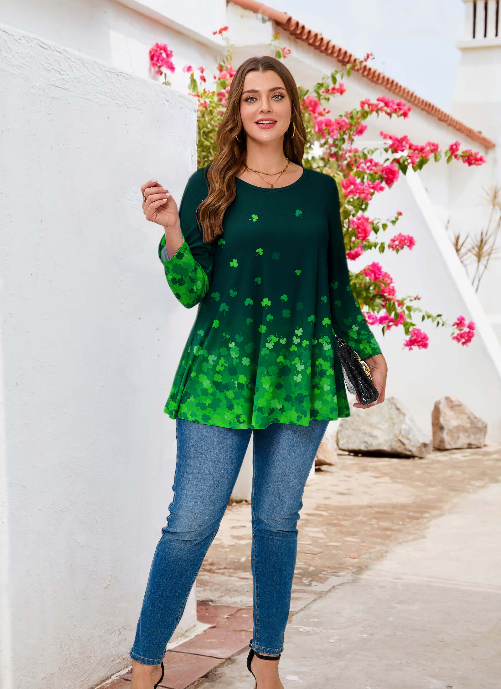 Tunic Tops for Women Plus Size 3/4 Sleeve Crew Neck Swing Flare Loose T-Shirt Blouses to Wear with Leggings Four-leaf clover - splensive