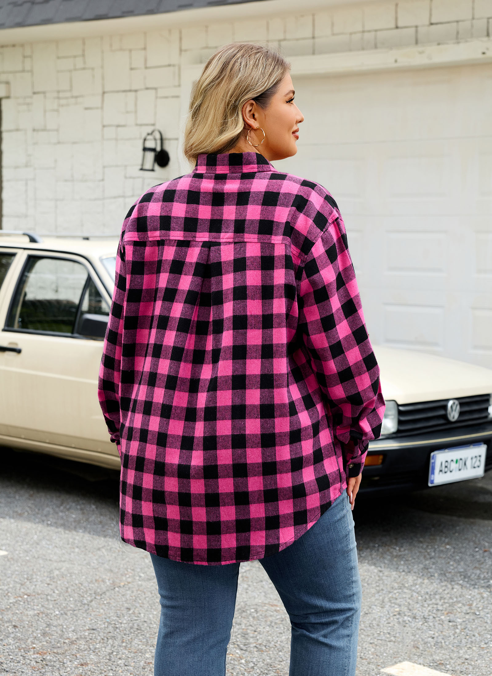 Womens Plus Size Flannel Shirts Long Sleeve Button Down Plaid Shirt Roll Up Oversize Checkered Blouse Top Fall A-03 Hot Pink Flannel Plaid Shirt - splensive