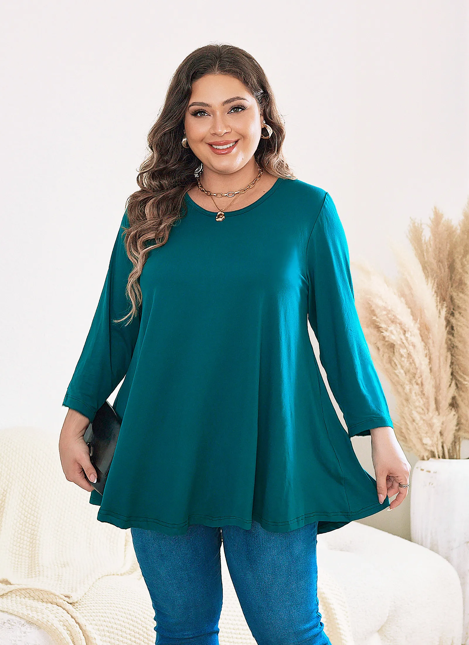 Womens Tunic Tops 3/4 Sleeve Plus Size Crew Neck Swing Flare Loose Fit T-Shirt Blouses to Wear with Leggings - splensive