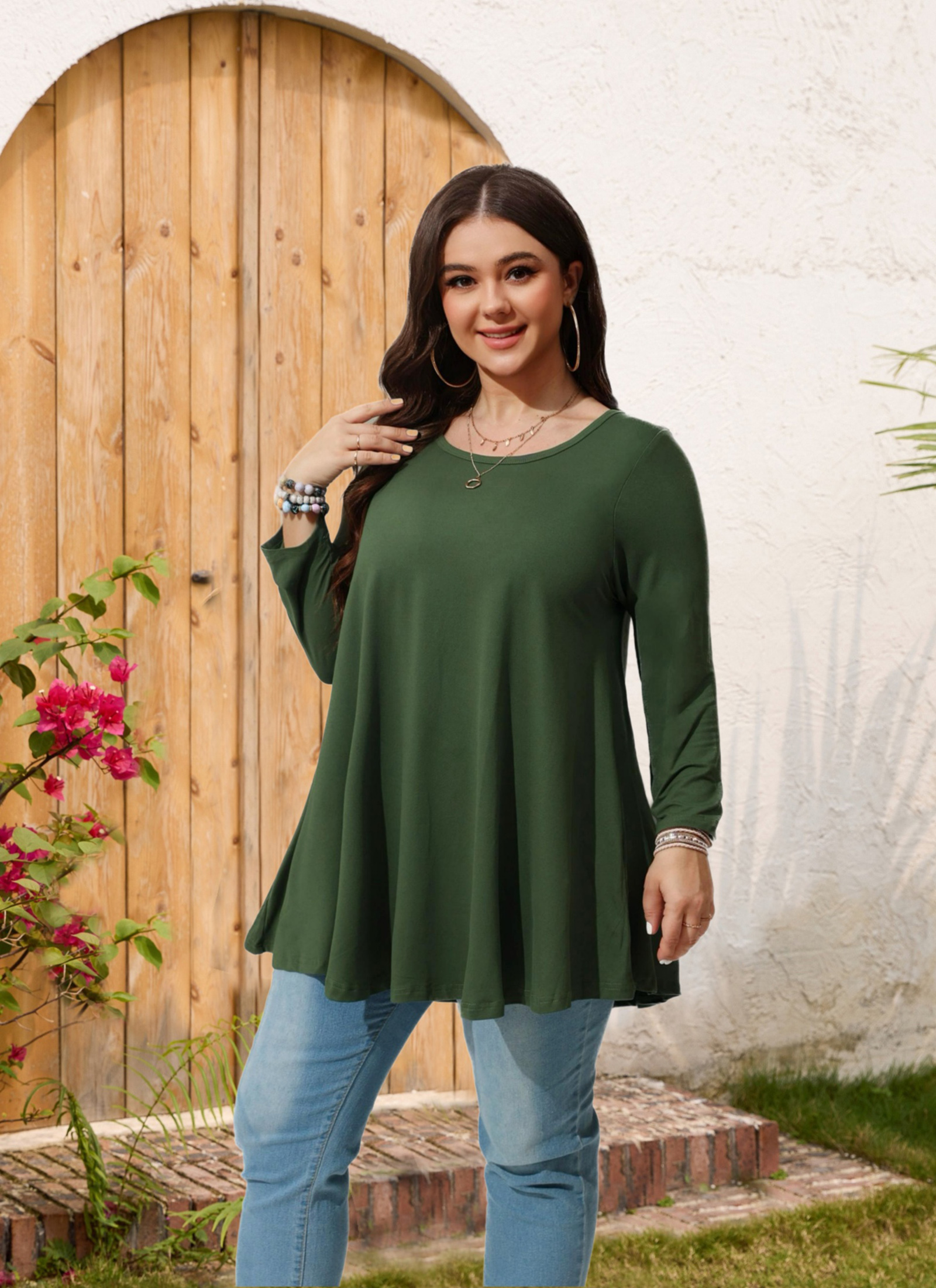 Womens Tunic Tops 3/4 Sleeve Plus Size Crew Neck Swing Flare Loose Fit T-Shirt Blouses to Wear with Leggings - splensive