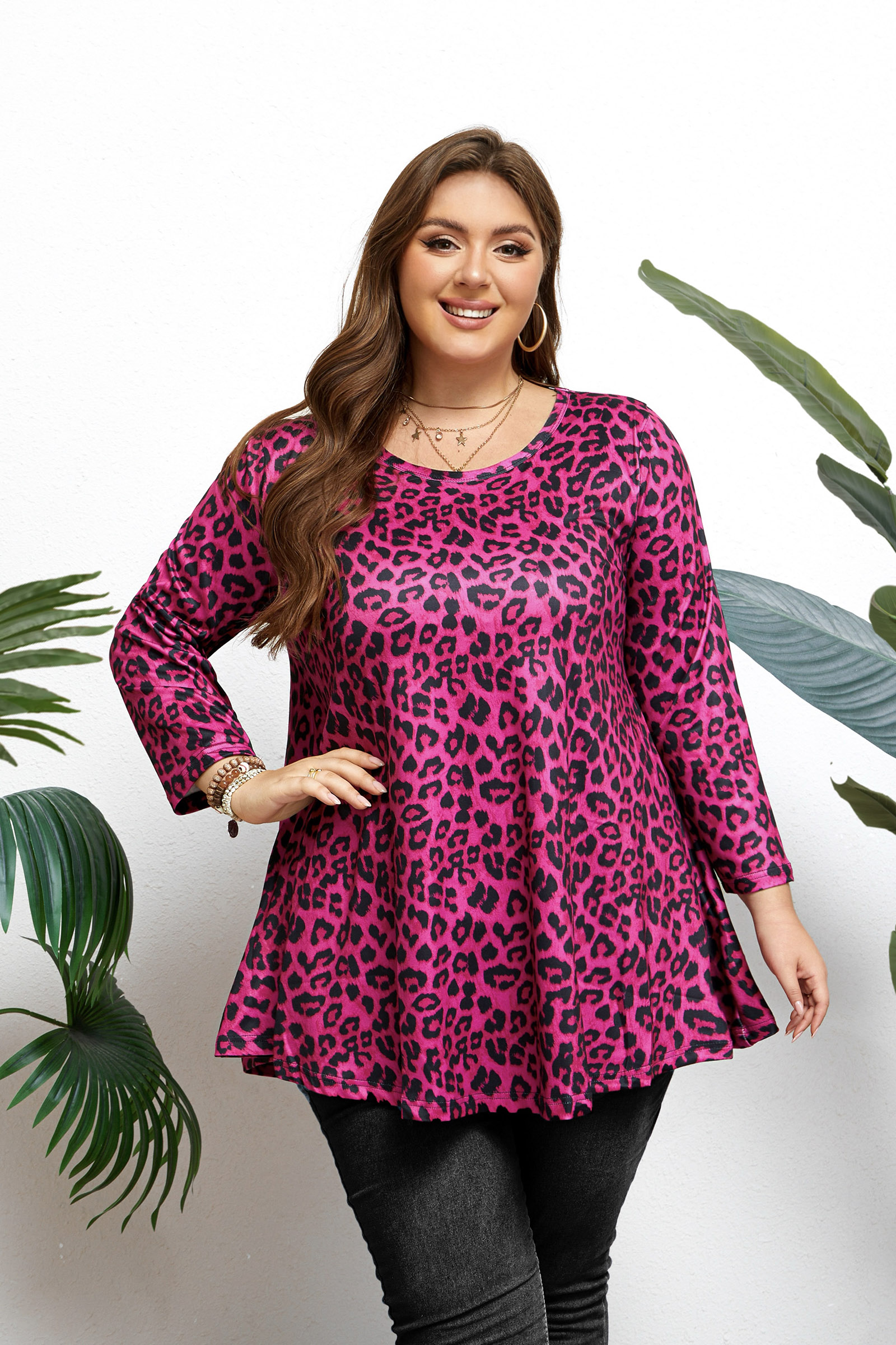 Womens Tunic Tops 3/4 Sleeve Plus Size Crew Neck Swing Flare Loose Fit T-Shirt Blouses to Wear with Leggings - splensive