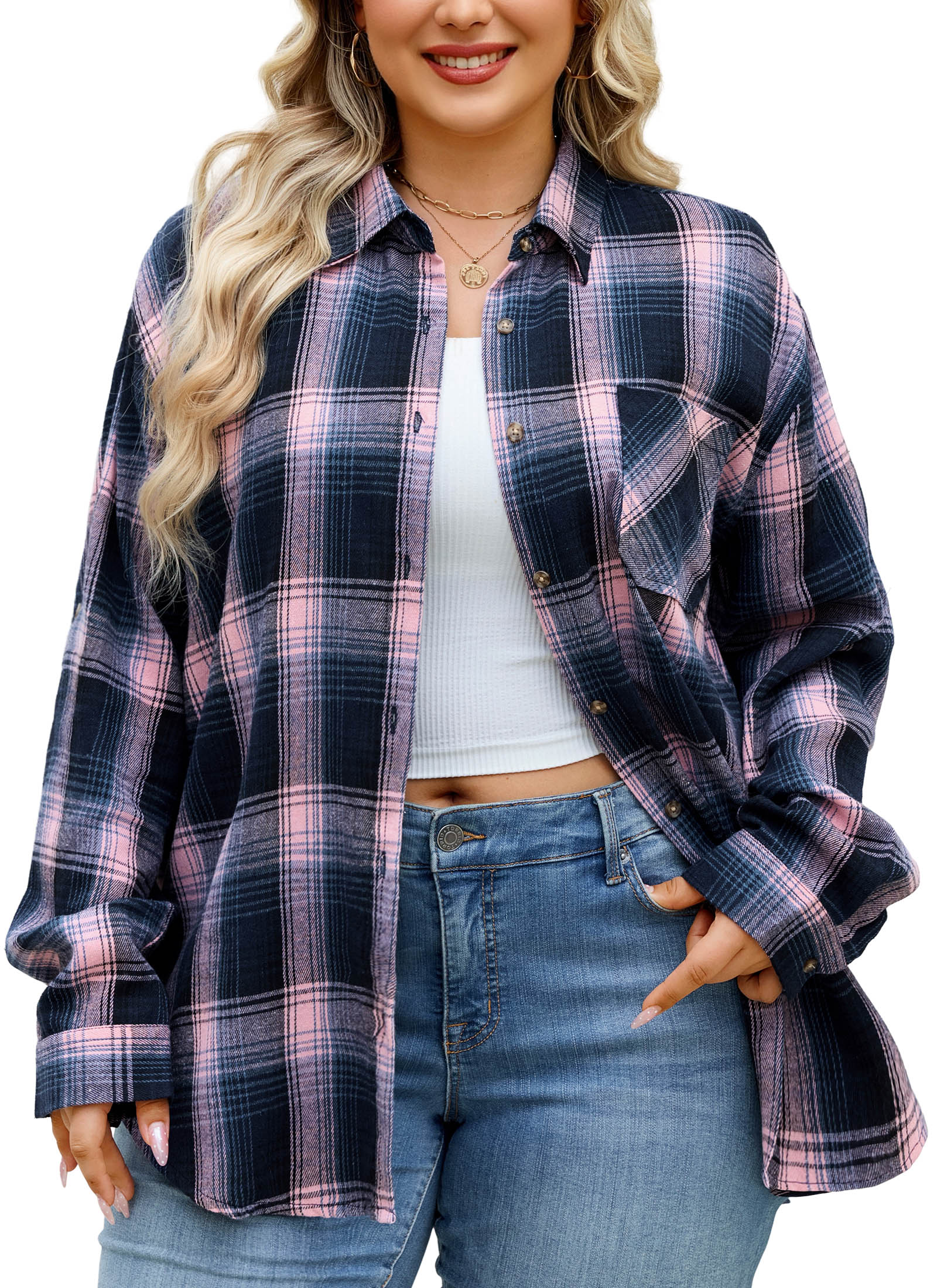 Womens Plus Size Flannel Shirts Long Sleeve Button Down Plaid Shirt Roll Up Oversize Checkered Blouse Top Fall A-01 Pink Flannel Plaid Shirt - splensive