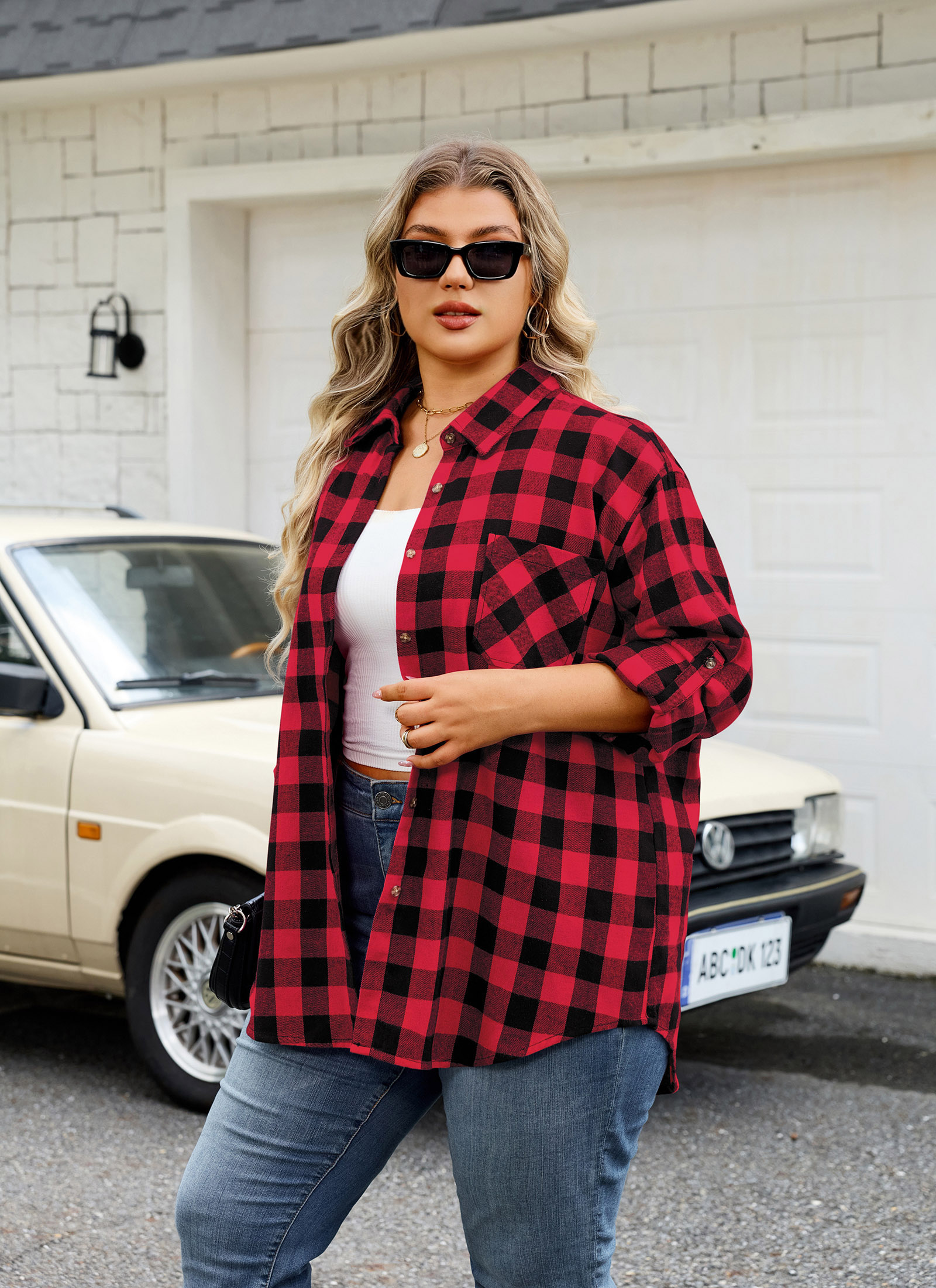 Womens Plus Size Flannel Shirts Long Sleeve Button Down Plaid Shirt Roll Up Oversize Checkered Blouse Top Fall E-01 Red Plaid Shirt - splensive