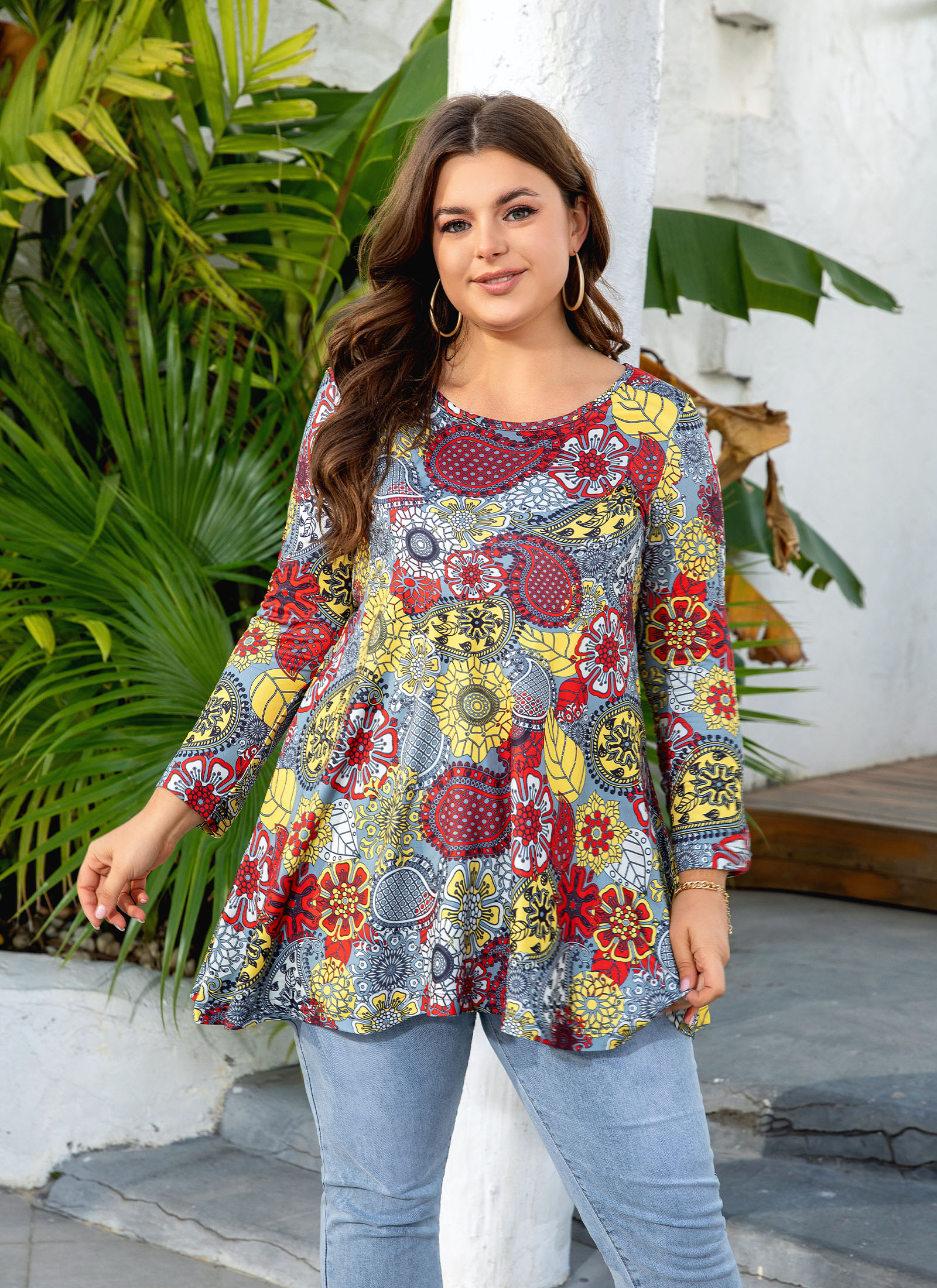 Womens Tunic Tops 3/4 Sleeve Plus Size Crew Neck Swing Flare Loose Fit T-Shirt Blouses to Wear with Leggings - splensive