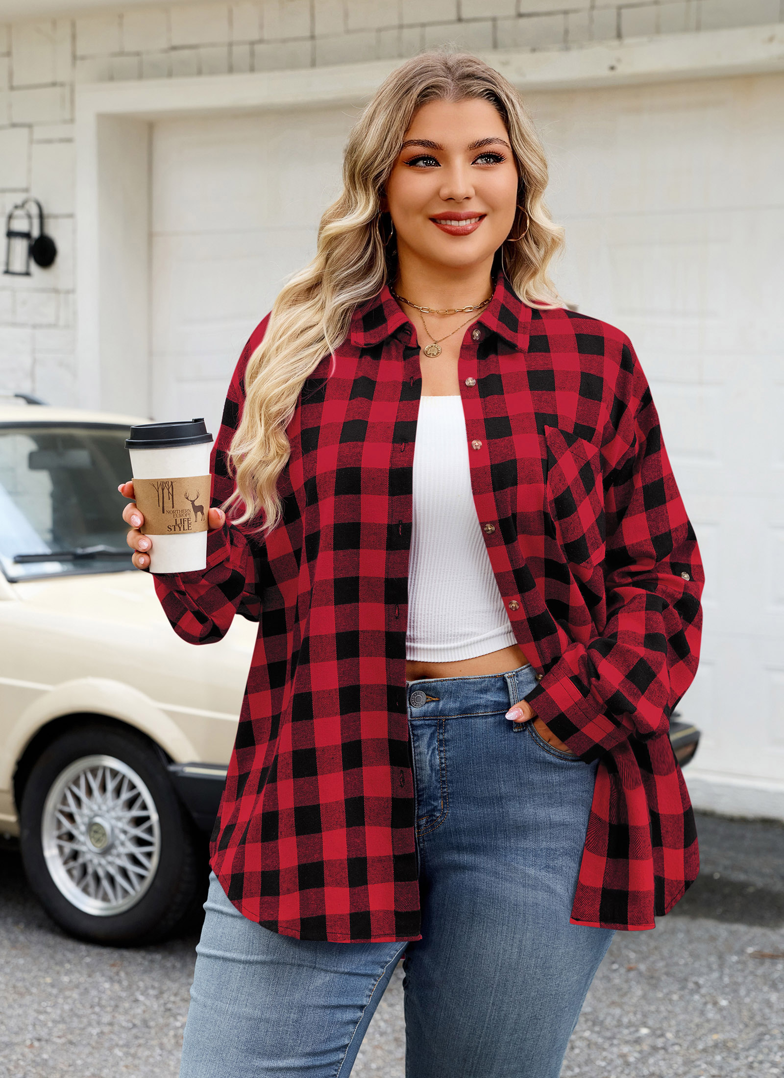 Womens Plus Size Flannel Shirts Long Sleeve Button Down Plaid Shirt Roll Up Oversize Checkered Blouse Top Fall E-01 Red Plaid Shirt - splensive