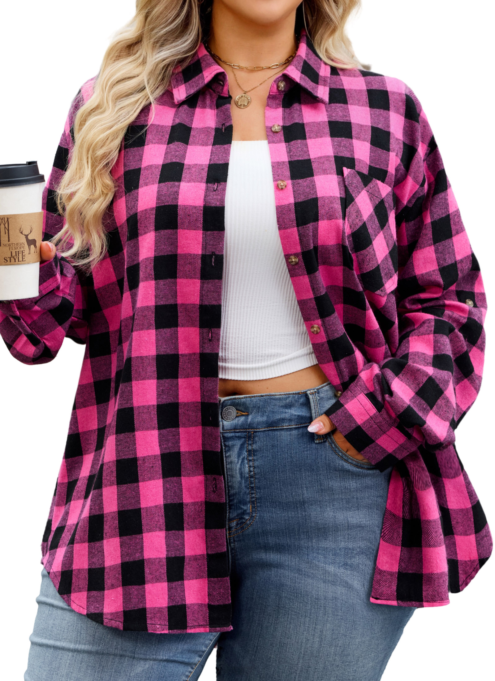 Womens Plus Size Flannel Shirts Long Sleeve Button Down Plaid Shirt Roll Up Oversize Checkered Blouse Top Fall A-03 Hot Pink Flannel Plaid Shirt - splensive