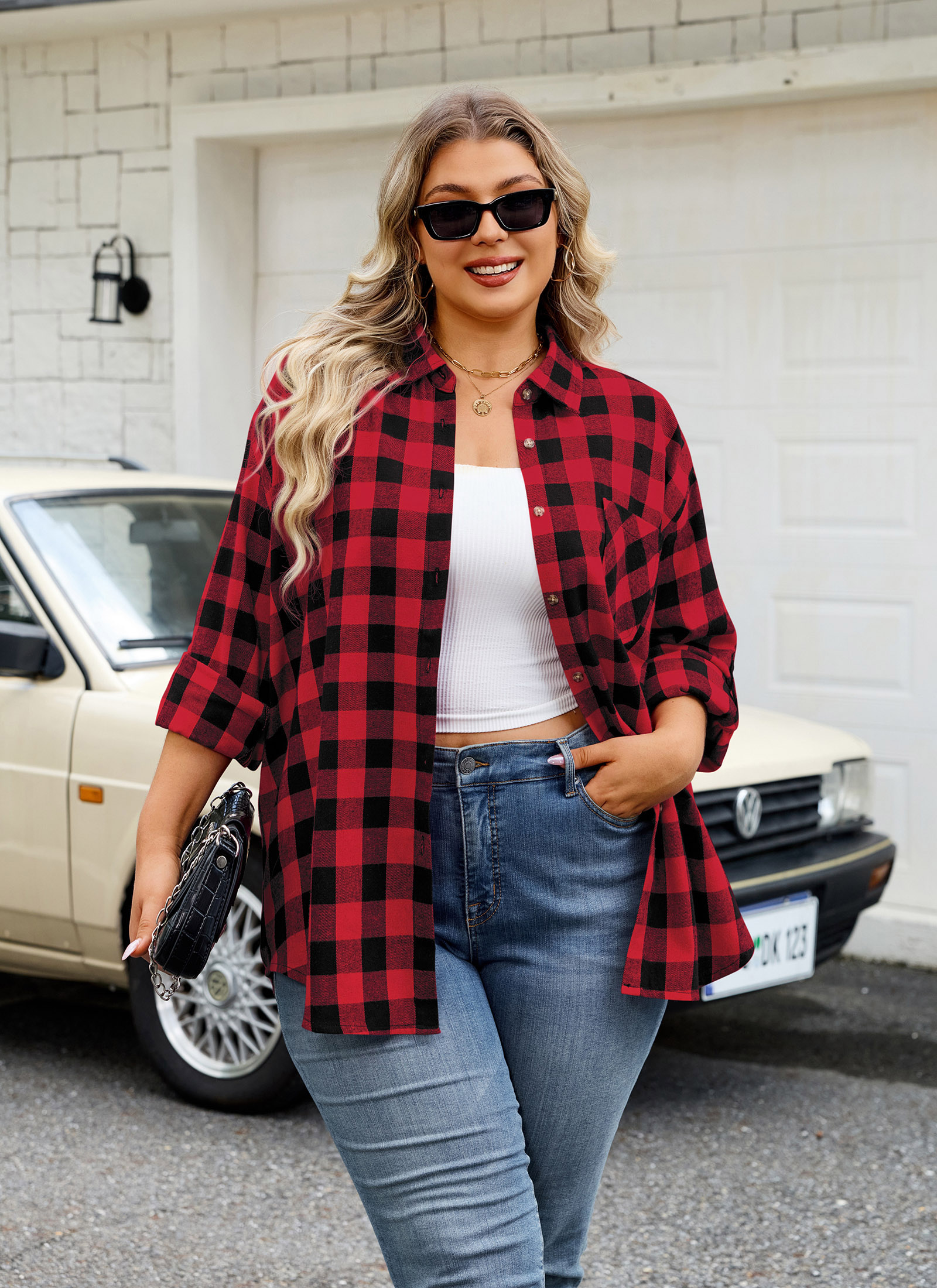 Womens Plus Size Flannel Shirts Long Sleeve Button Down Plaid Shirt Roll Up Oversize Checkered Blouse Top Fall E-01 Red Plaid Shirt - splensive