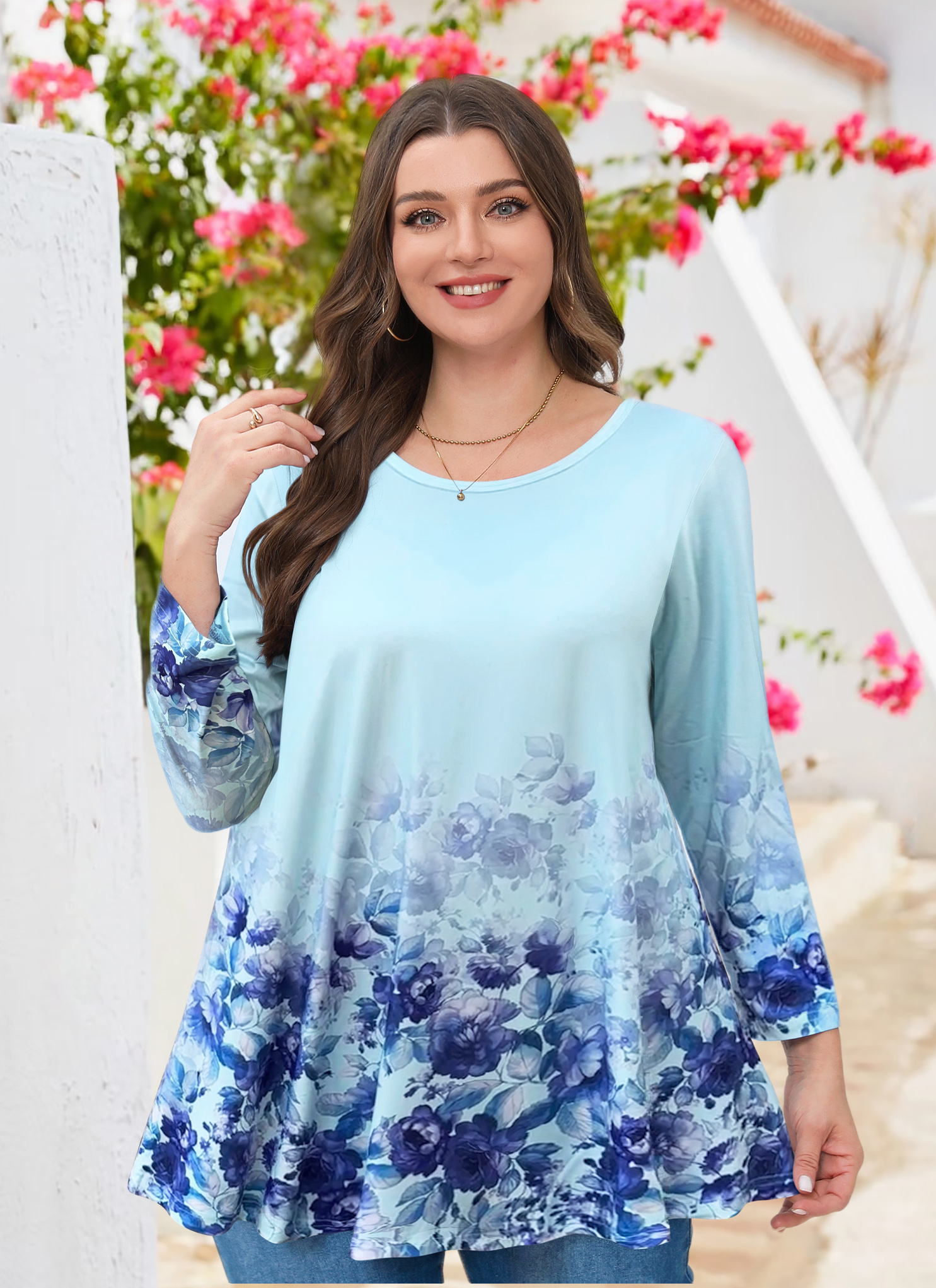 Tunic Tops for Women Plus Size 3/4 Sleeve Crew Neck Swing Flare Loose T-Shirt Blouses to Wear with Leggings - splensive