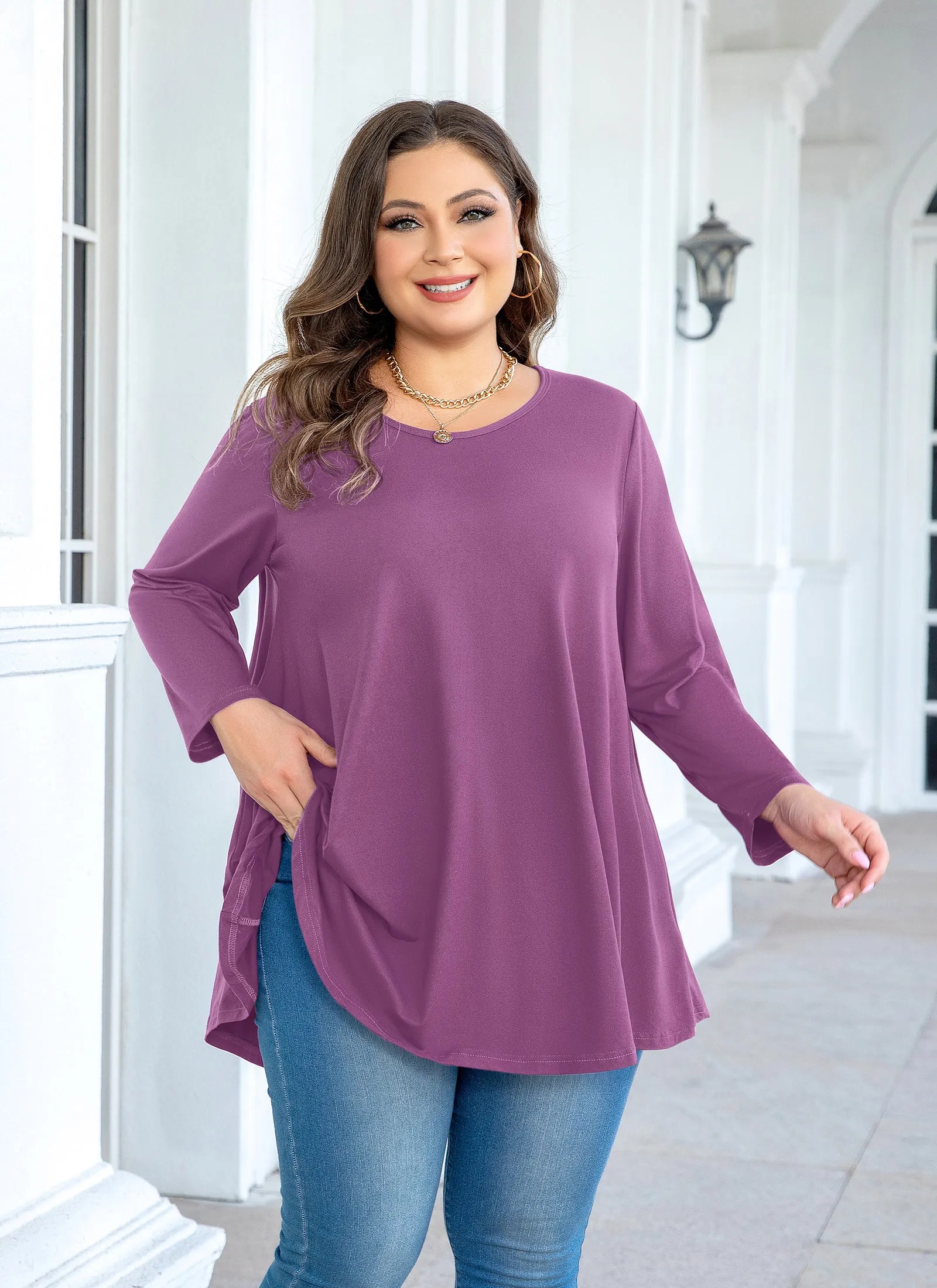 Tunic Tops for Women Plus Size 3/4 Sleeve Crew Neck Swing Flare Loose T-Shirt Blouses to Wear with Leggings - splensive