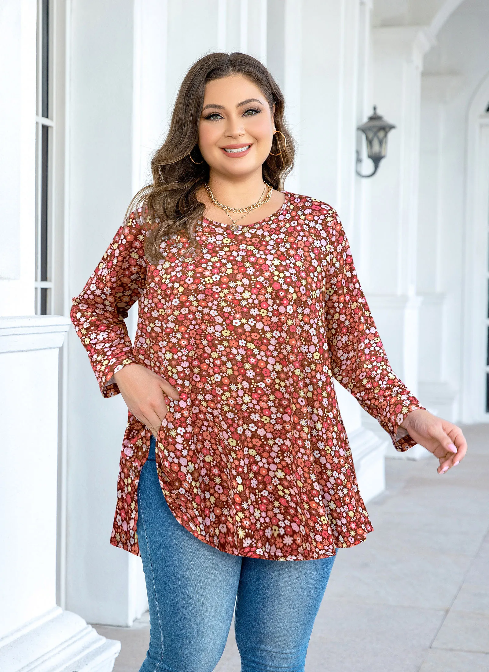 Tunic Tops for Women Plus Size 3/4 Sleeve Crew Neck Swing Flare Loose T-Shirt Blouses to Wear with Leggings - splensive