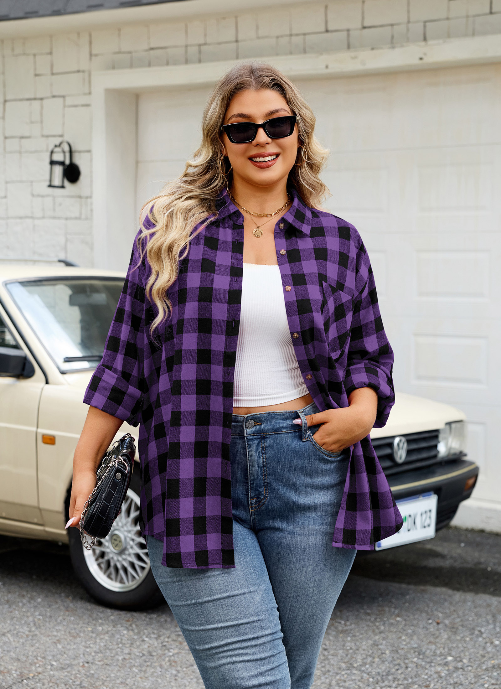 Womens Plus Size Flannel Shirts Long Sleeve Button Down Plaid Shirt Roll Up Oversize Checkered Blouse Top Fall C-01 Purple Flannel Shirt - splensive