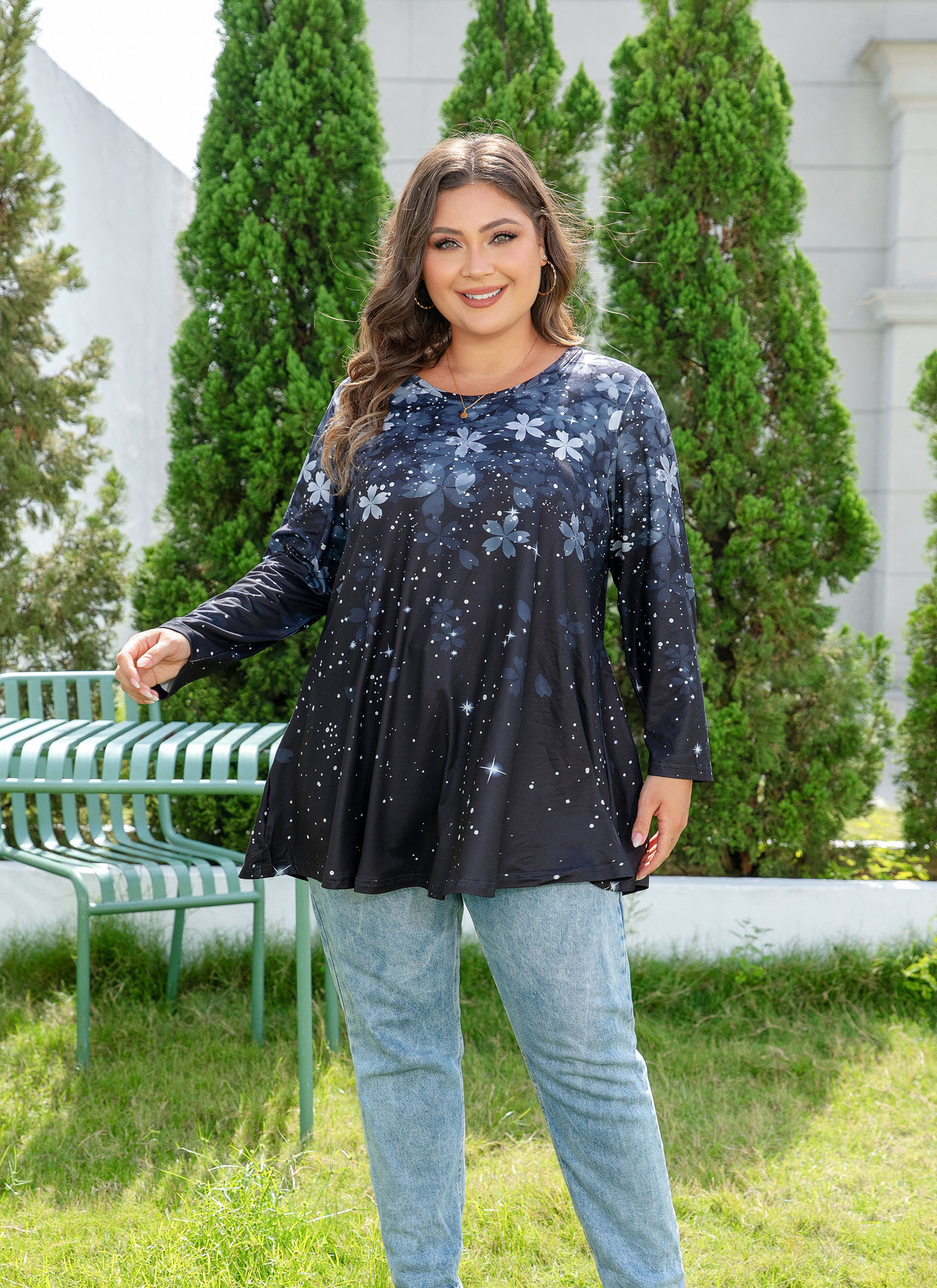 Womens Tunic 3/4 Sleeve Plus Size Tops Crew Neck Swing Flowy Loose Fit T-Shirt Blouses to Wear with Leggings - splensive