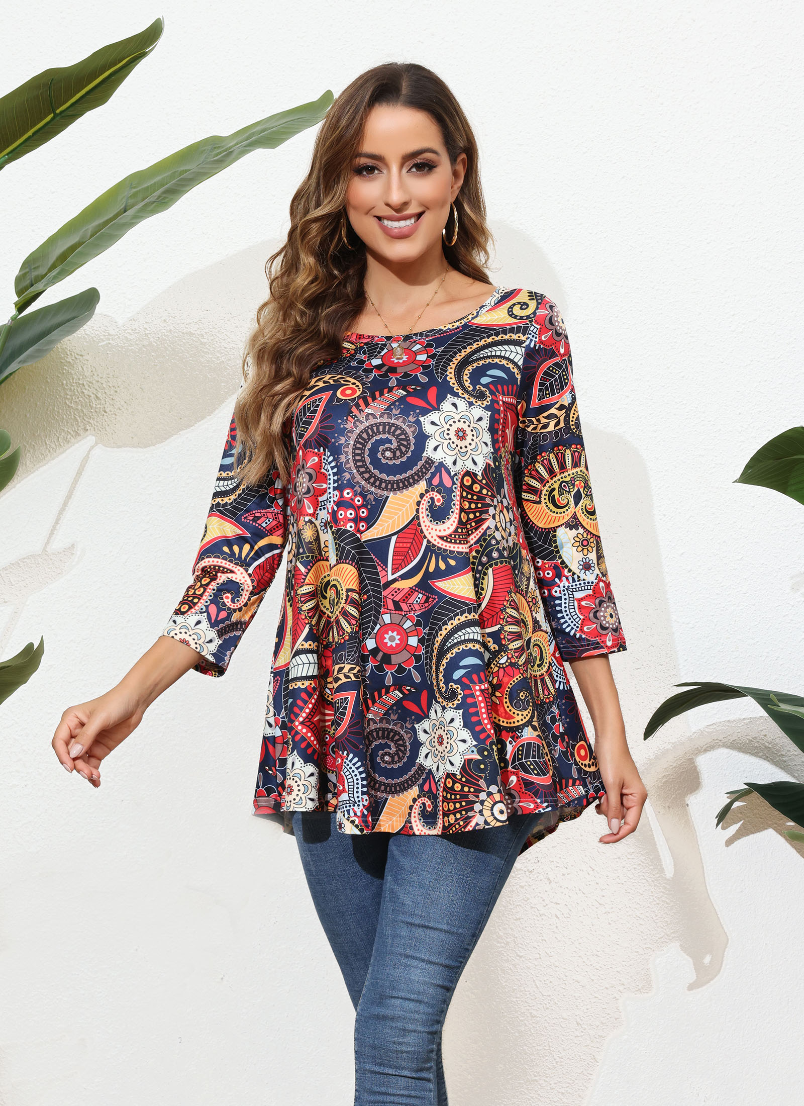 Tunic Tops for Women Plus Size 3/4 Sleeve Crew Neck Swing Flare Loose T-Shirt Blouses to Wear with Leggings - splensive