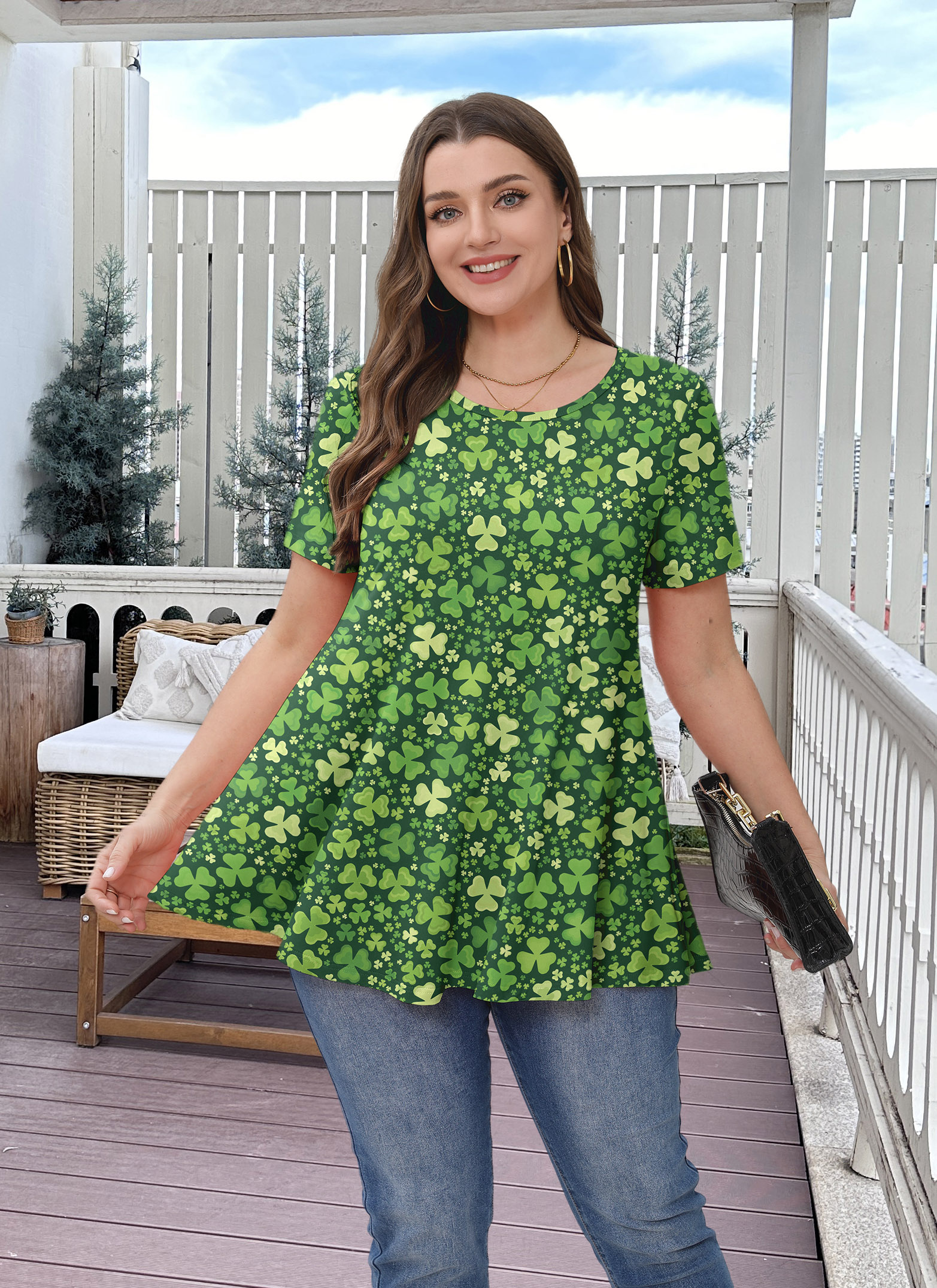 Tunic Tops for Women Plus Size 3/4 Sleeve Crew Neck Swing Flare Loose T-Shirt Blouses to Wear with Leggings Four-leaf clover - splensive