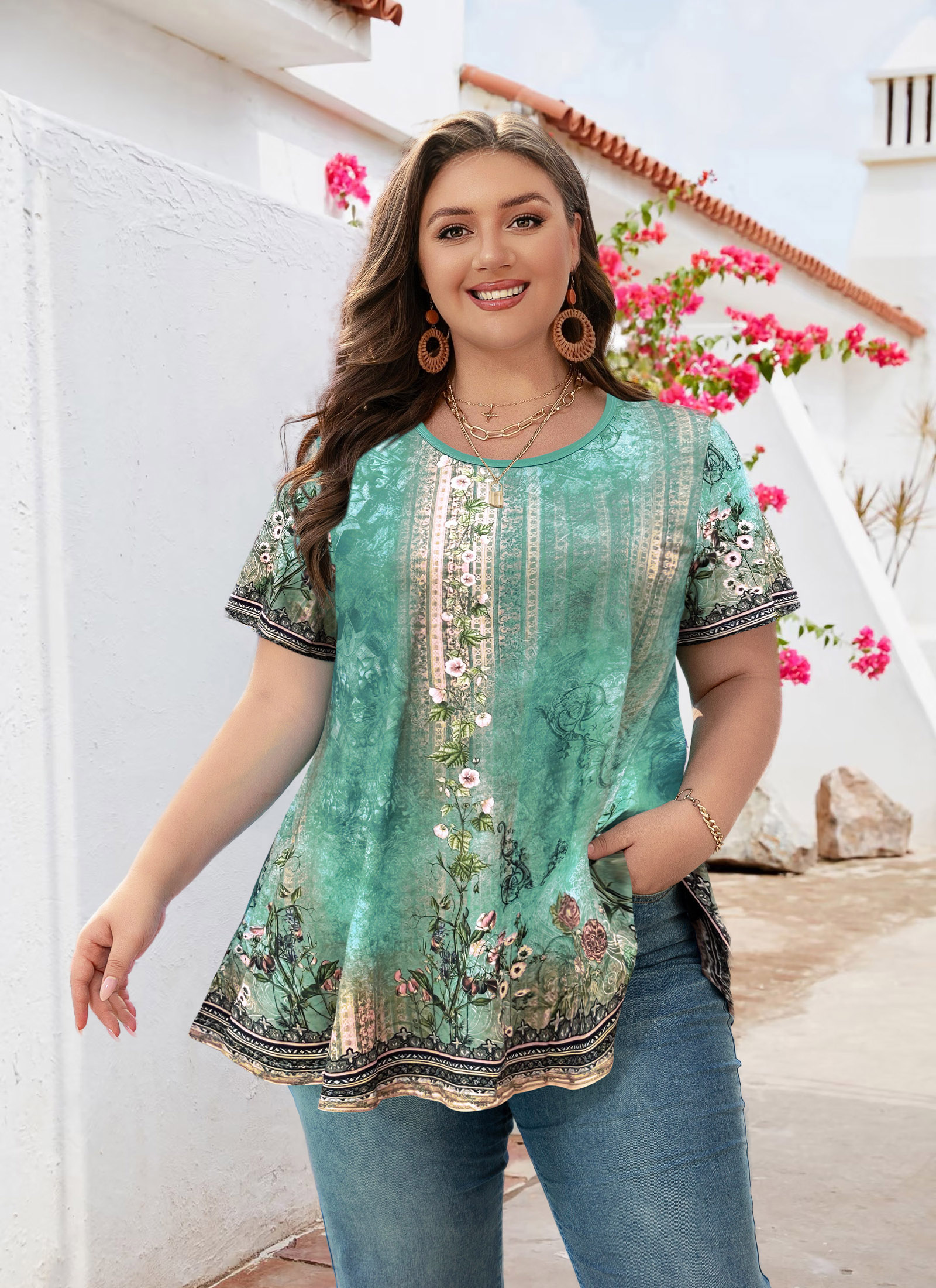 Tunic Tops for Women Plus Size Short Sleeve Crew Neck Swing Flare Loose T-Shirt Blouses to Wear with Leggings - splensive