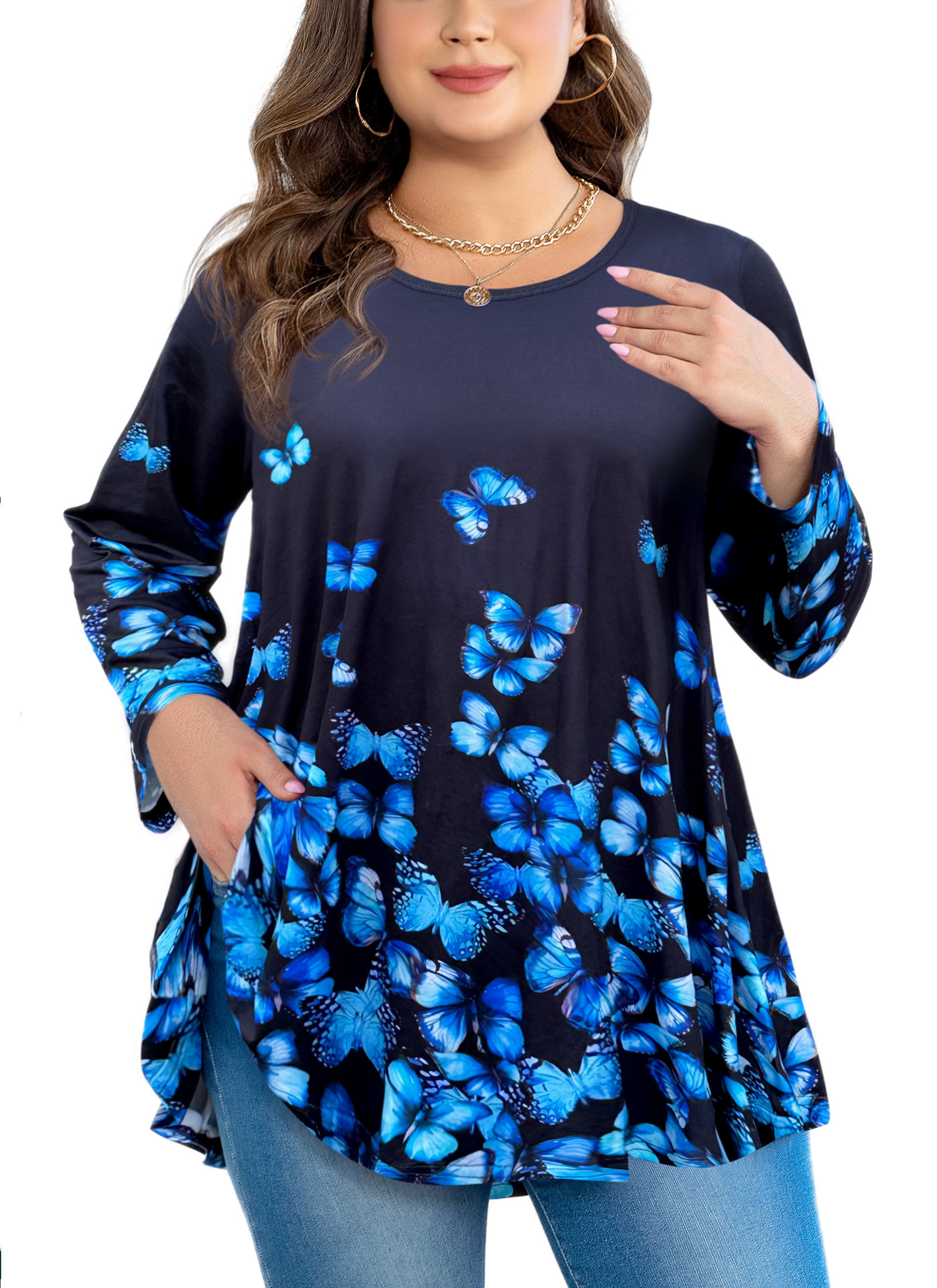 Womens Tunic 3/4 Sleeve Plus Size Tops Crew Neck Swing Flowy Loose Fit T-Shirt Blouses to Wear with Leggings - splensive
