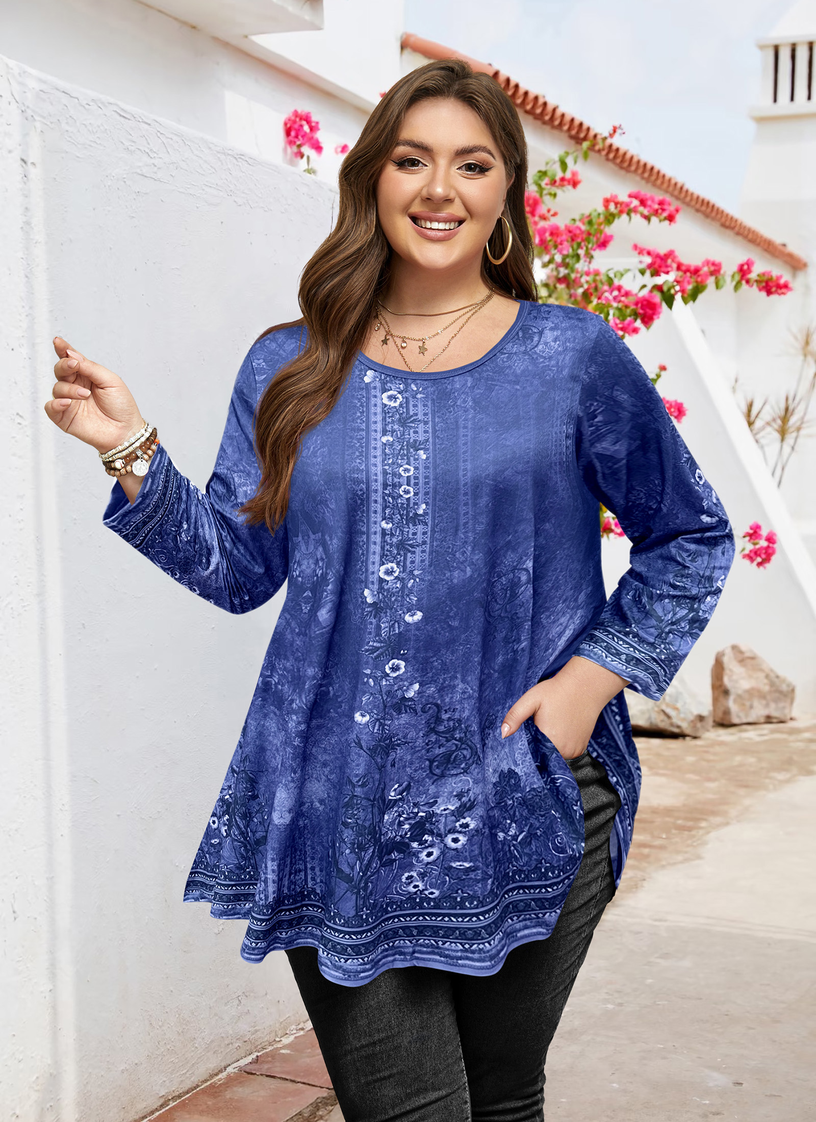 Tunic Tops for Women Plus Size 3/4 Sleeve Crew Neck Swing Flare Loose T-Shirt Blouses to Wear with Leggings - splensive