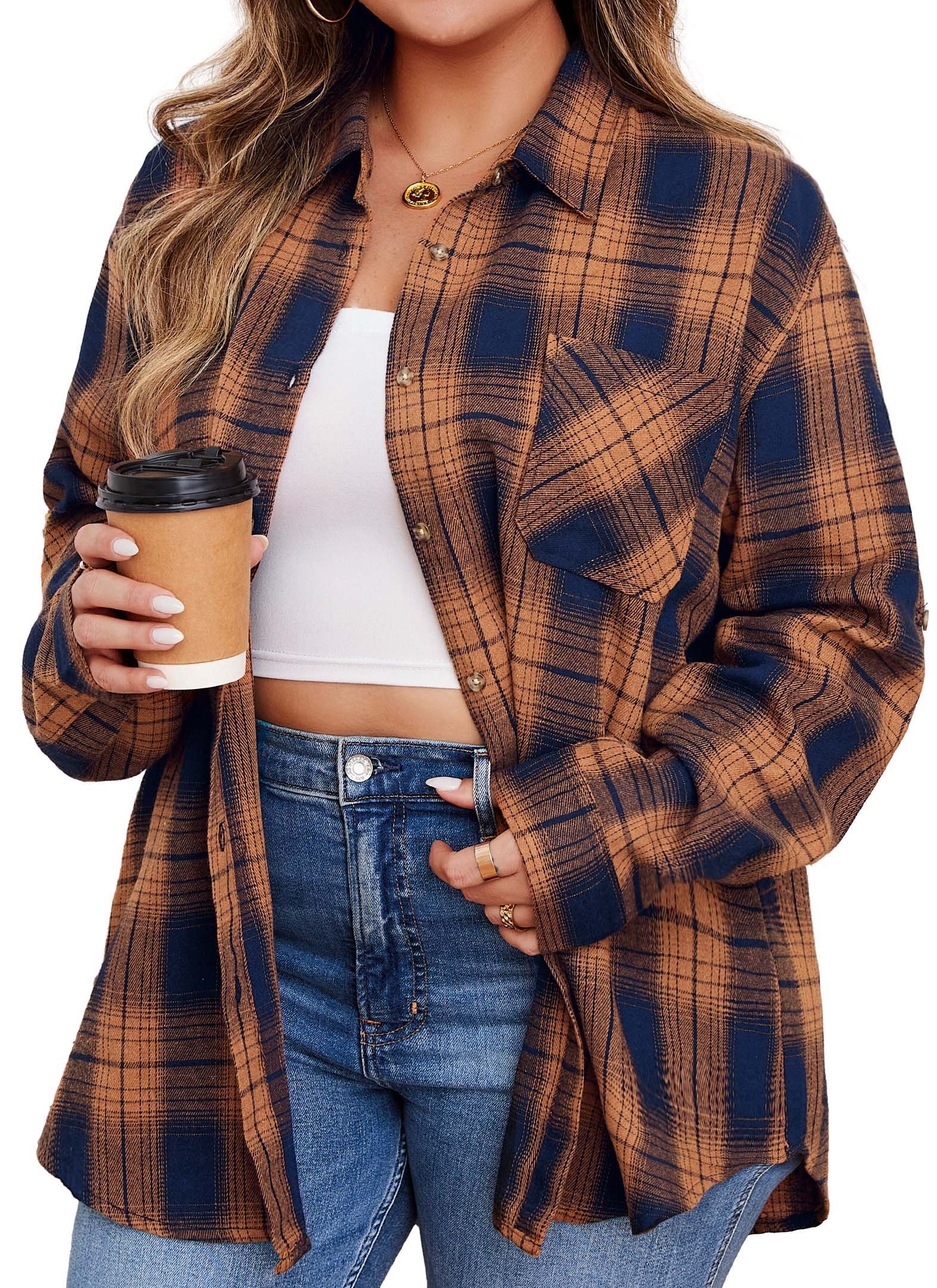 Womens Plus Size Flannel Shirts Long Sleeve Button Down Plaid Shirt Roll Up Oversize Checkered Blouse Top Fall G-03 Orange Plaid Shirt - splensive