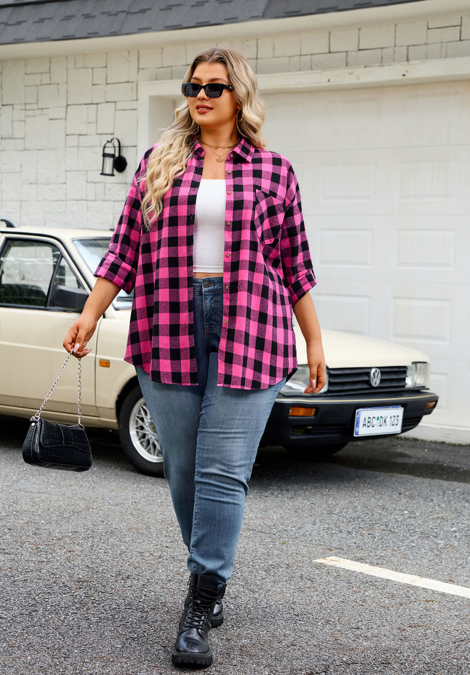 Womens Plus Size Flannel Shirts Long Sleeve Button Down Plaid Shirt Roll Up Oversize Checkered Blouse Top Fall A-03 Hot Pink Flannel Plaid Shirt - splensive
