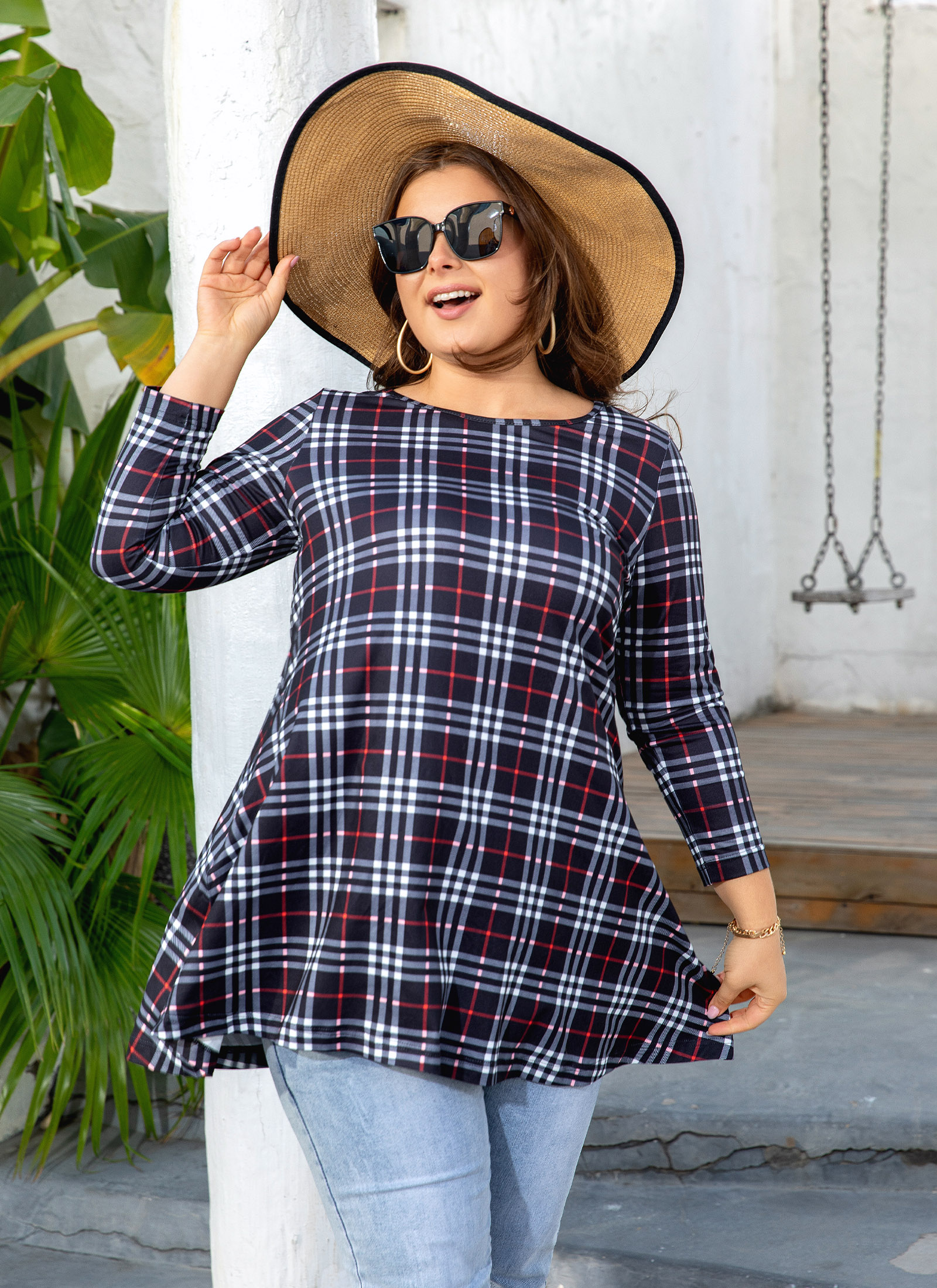 Womens Tunic Tops 3/4 Sleeve Plus Size Crew Neck Swing Flare Loose Fit T-Shirt Blouses to Wear with Leggings - splensive