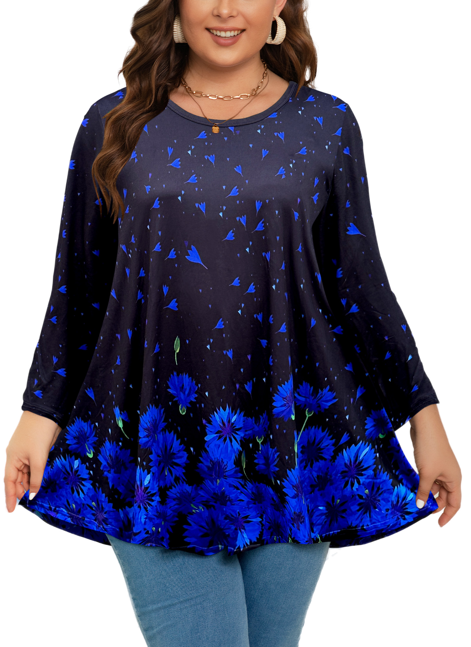 Womens Tunic 3/4 Sleeve Plus Size Tops Crew Neck Swing Flowy Loose Fit T-Shirt Blouses to Wear with Leggings - splensive