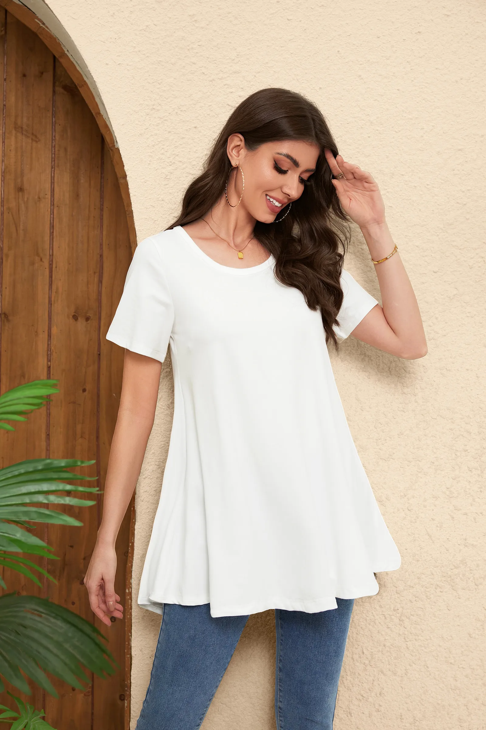 Tunic Tops for Women Plus Size Short Sleeve Crew Neck Swing Flare Loose T-Shirt Blouses to Wear with Leggings - splensive