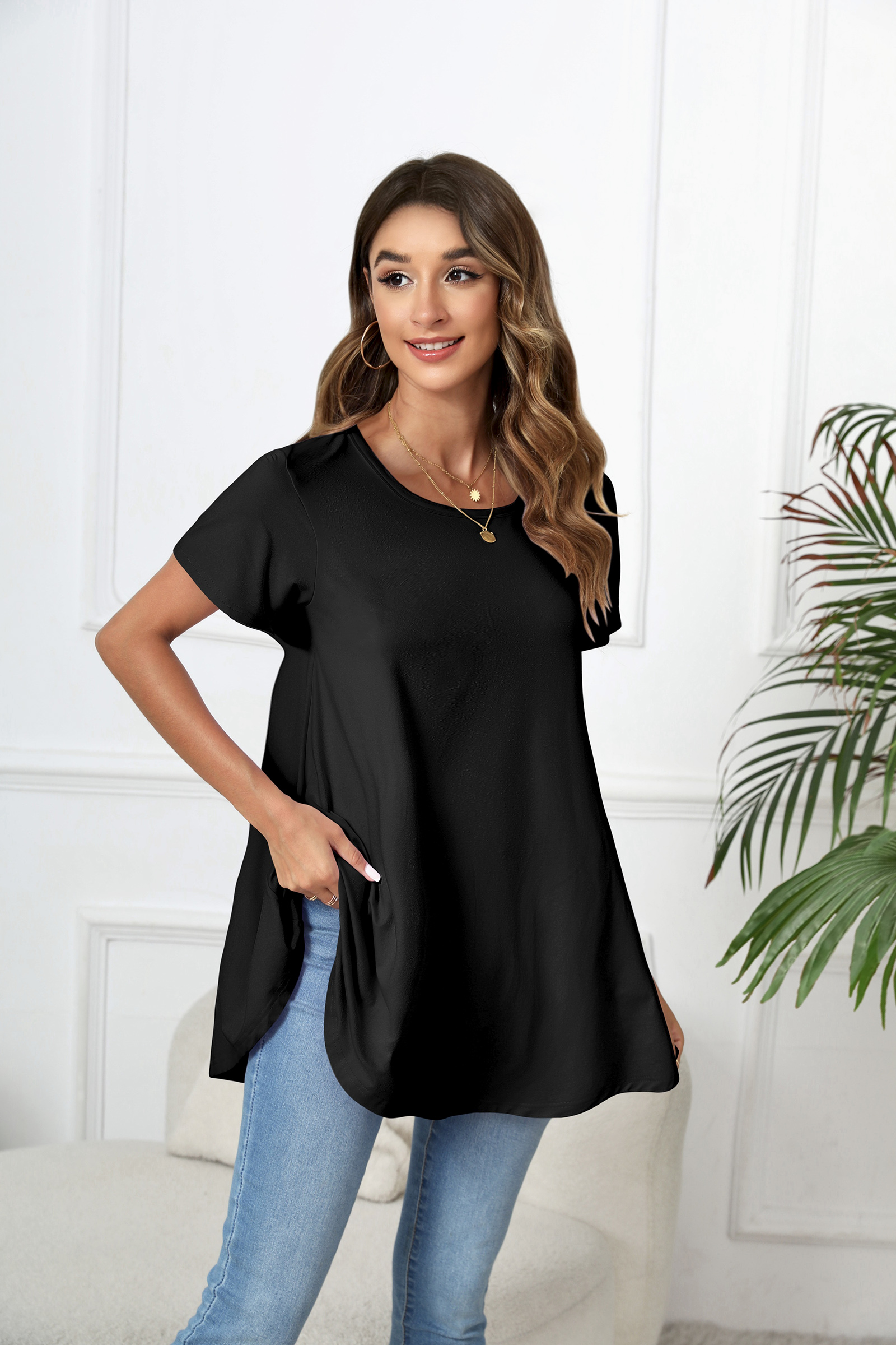 Tunic Tops for Women Plus Size Short Sleeve Crew Neck Swing Flare Loose T-Shirt Blouses to Wear with Leggings - splensive