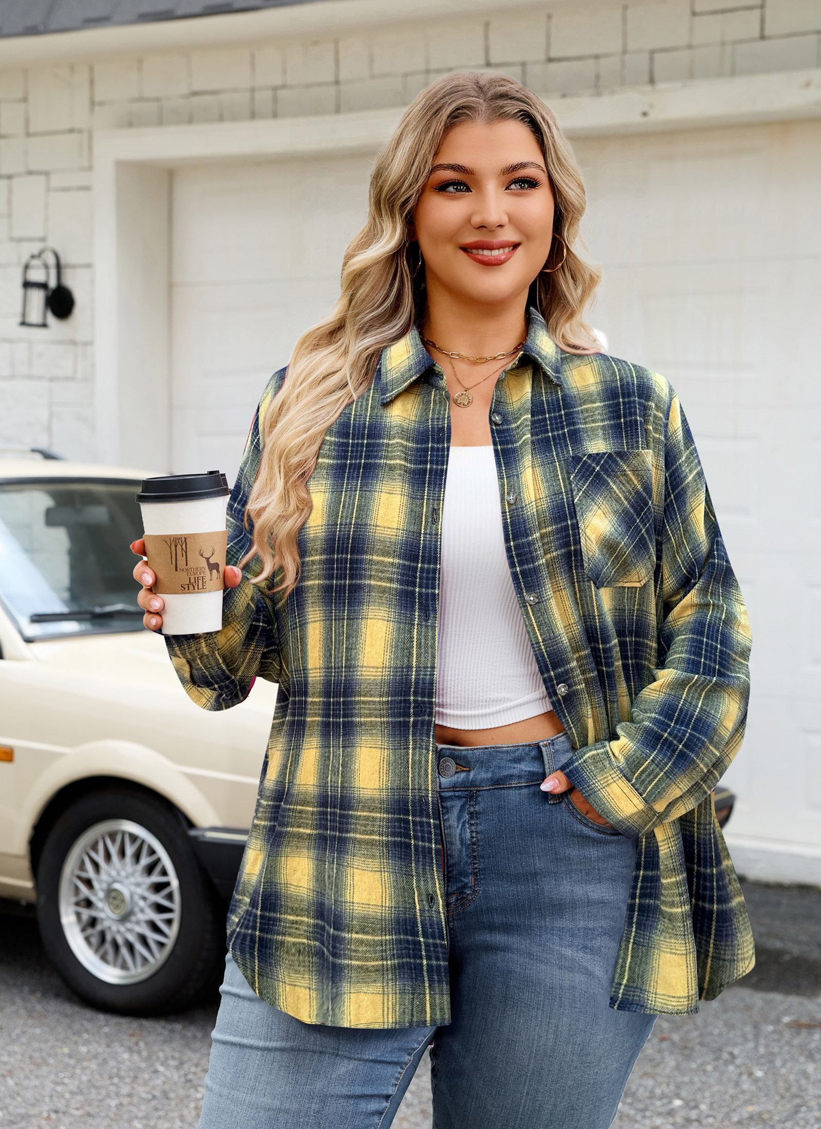 Womens Plus Size Flannel Shirts Long Sleeve Button Down Plaid Shirt Roll Up Oversize Checkered Blouse Top Fall G-01 Yellow Flannel Shirt - splensive