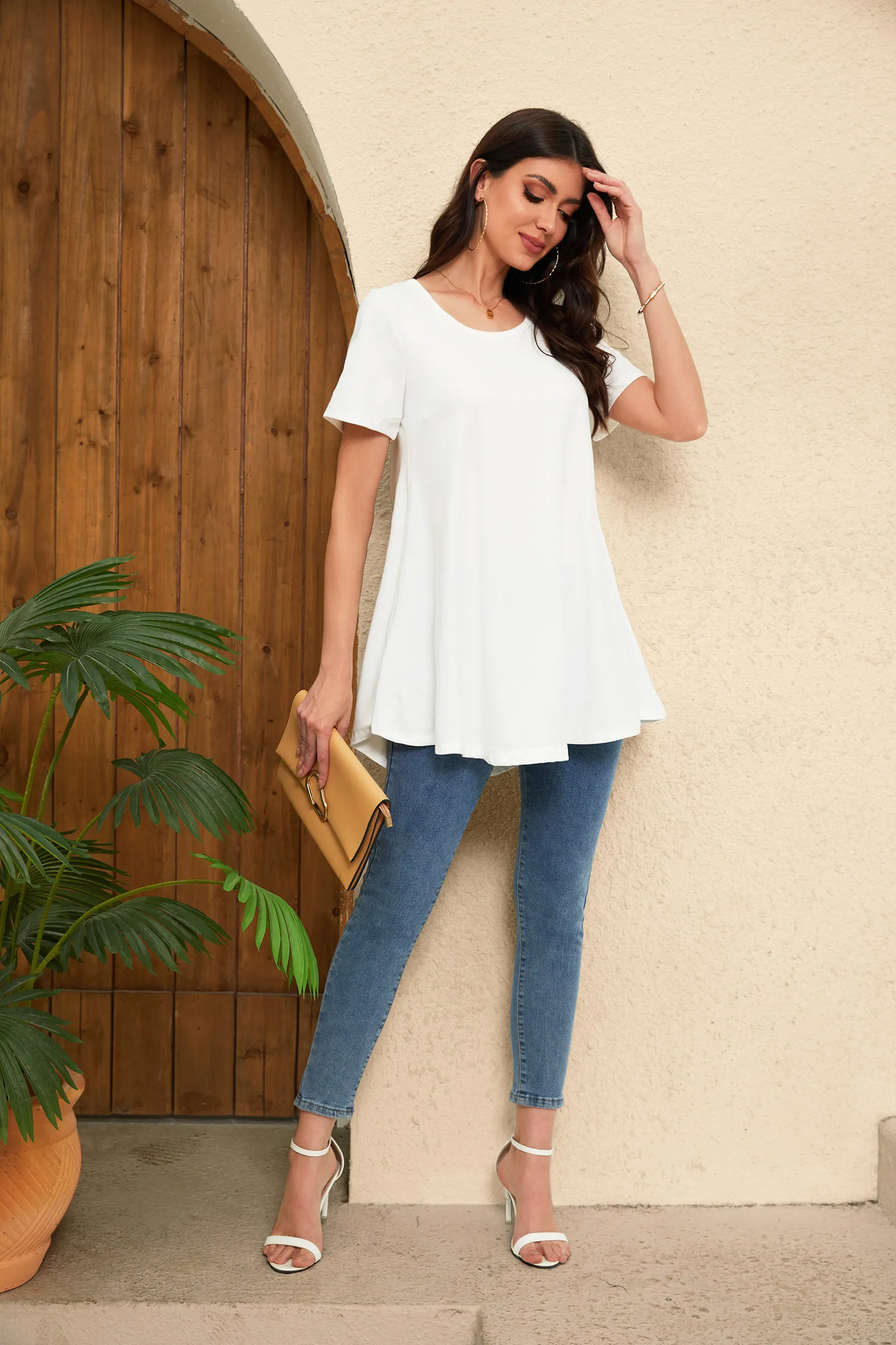Tunic Tops for Women Plus Size Short Sleeve Crew Neck Swing Flare Loose T-Shirt Blouses to Wear with Leggings - splensive