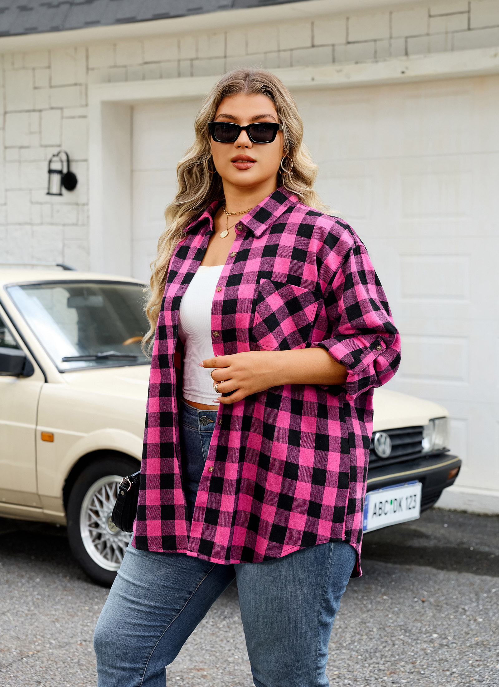 Womens Plus Size Flannel Shirts Long Sleeve Button Down Plaid Shirt Roll Up Oversize Checkered Blouse Top Fall A-03 Hot Pink Flannel Plaid Shirt - splensive