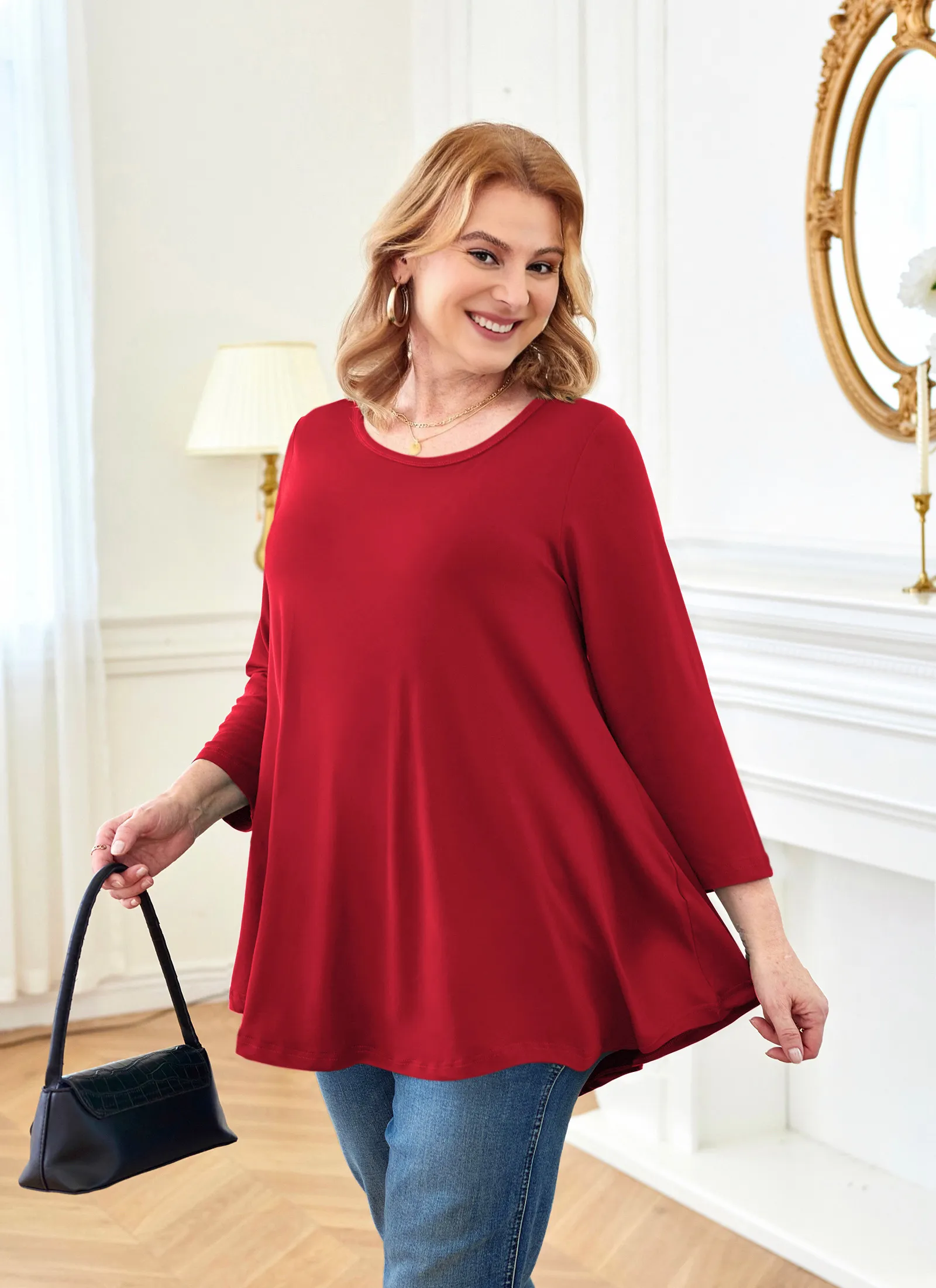 Tunic Tops for Women Plus Size 3/4 Sleeve Crew Neck Swing Flare Loose T-Shirt Blouses to Wear with Leggings - splensive