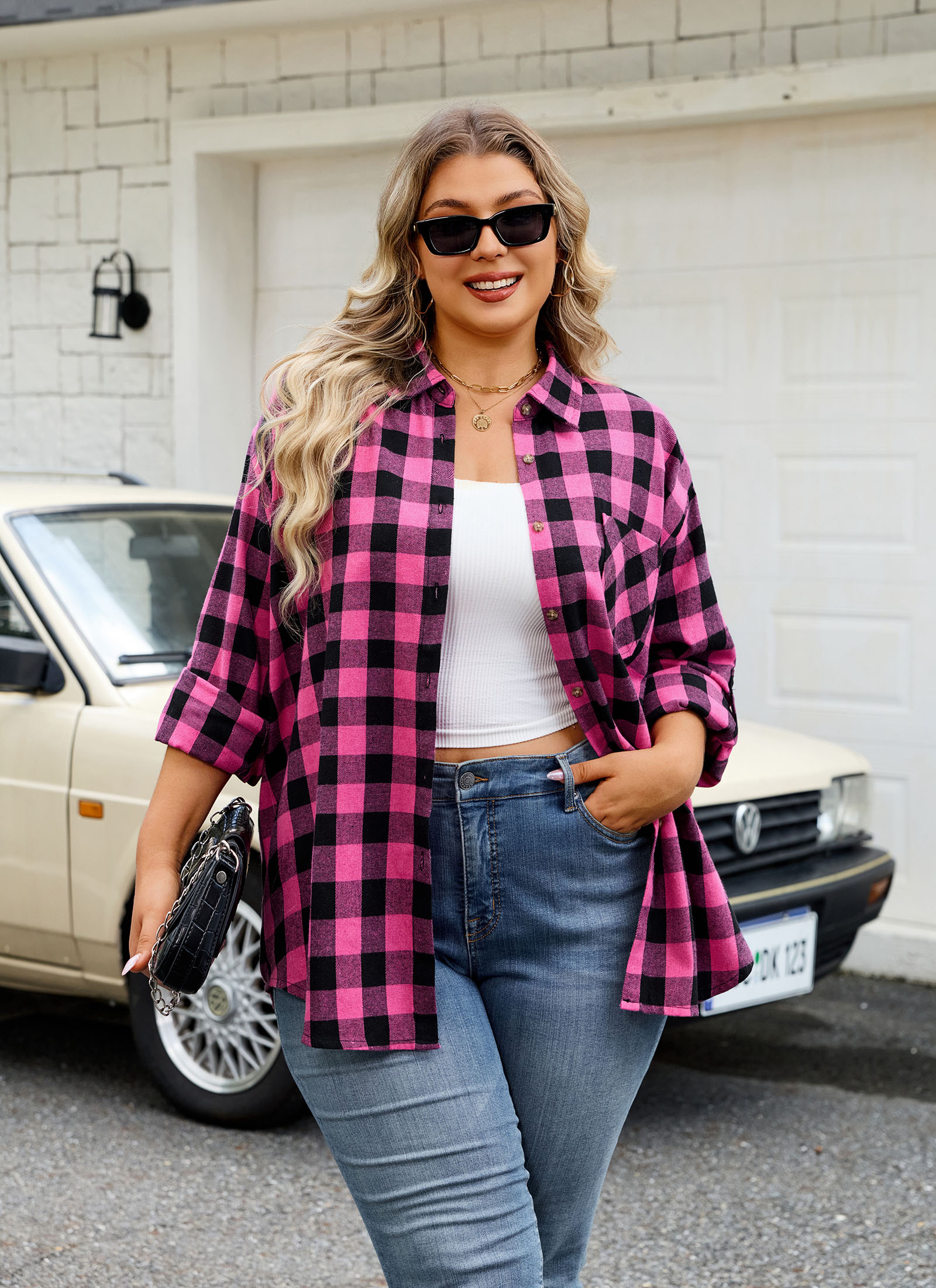 Womens Plus Size Flannel Shirts Long Sleeve Button Down Plaid Shirt Roll Up Oversize Checkered Blouse Top Fall A-03 Hot Pink Flannel Plaid Shirt - splensive