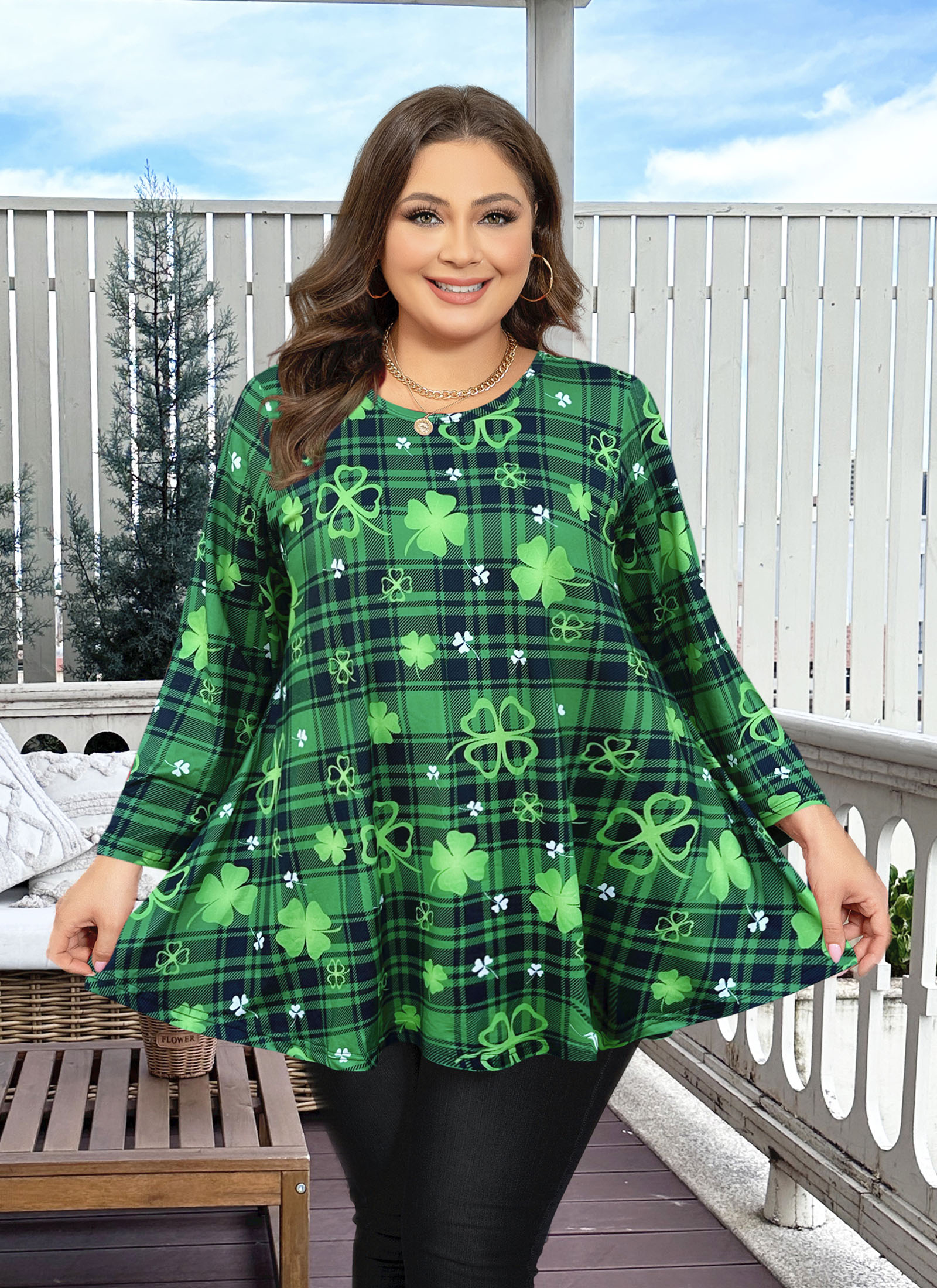 Tunic Tops for Women Plus Size 3/4 Sleeve Crew Neck Swing Flare Loose T-Shirt Blouses to Wear with Leggings Four-leaf clover - splensive