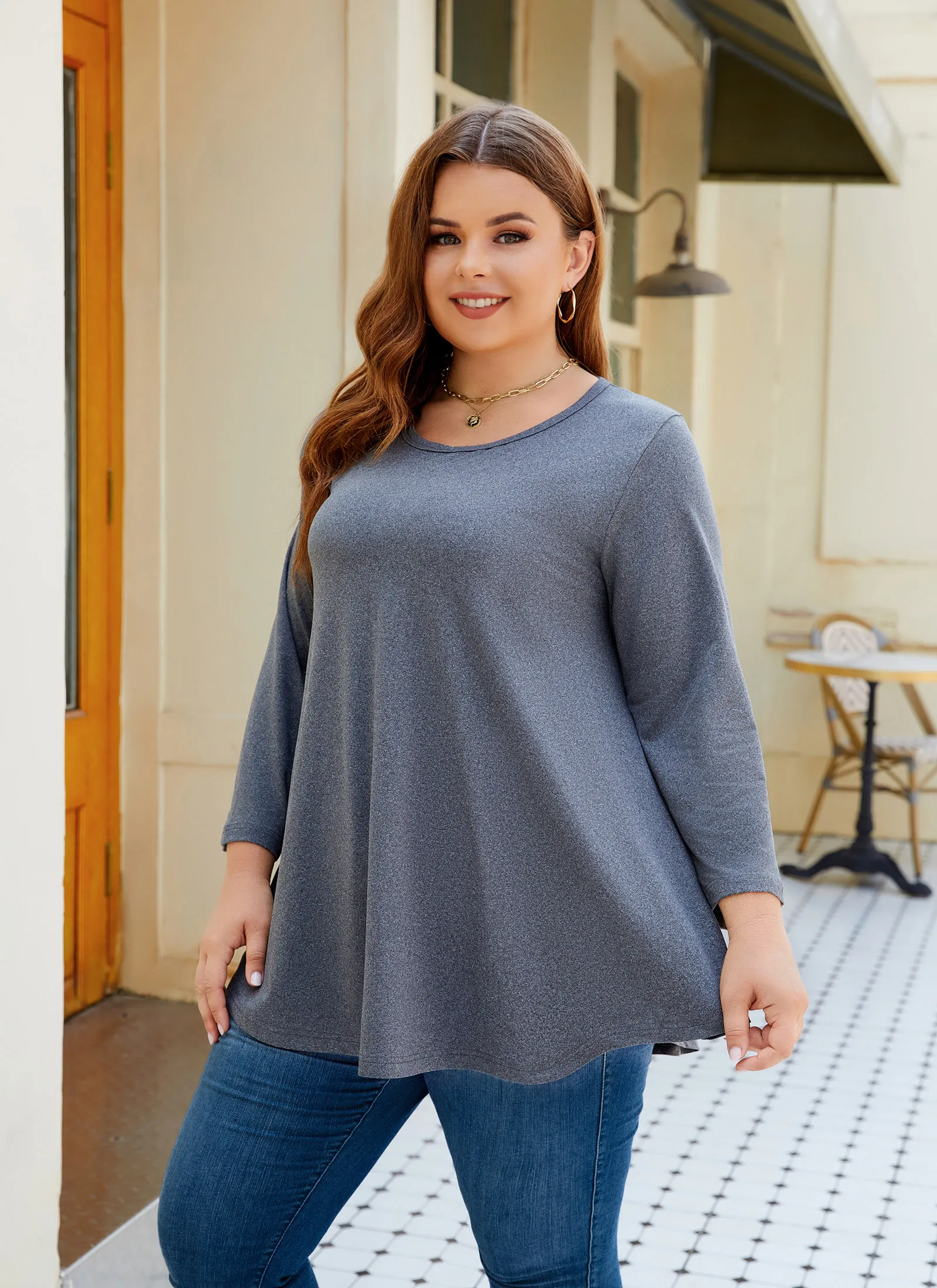 Tunic Tops for Women Plus Size 3/4 Sleeve Crew Neck Swing Flare Loose T-Shirt Blouses to Wear with Leggings - splensive