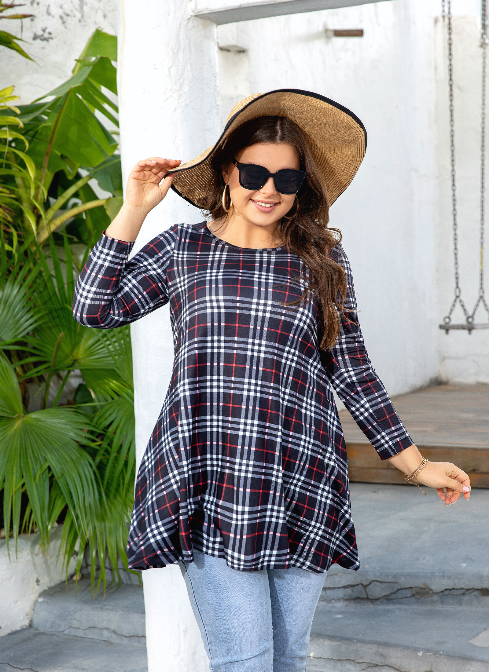 Womens Tunic Tops 3/4 Sleeve Plus Size Crew Neck Swing Flare Loose Fit T-Shirt Blouses to Wear with Leggings - splensive