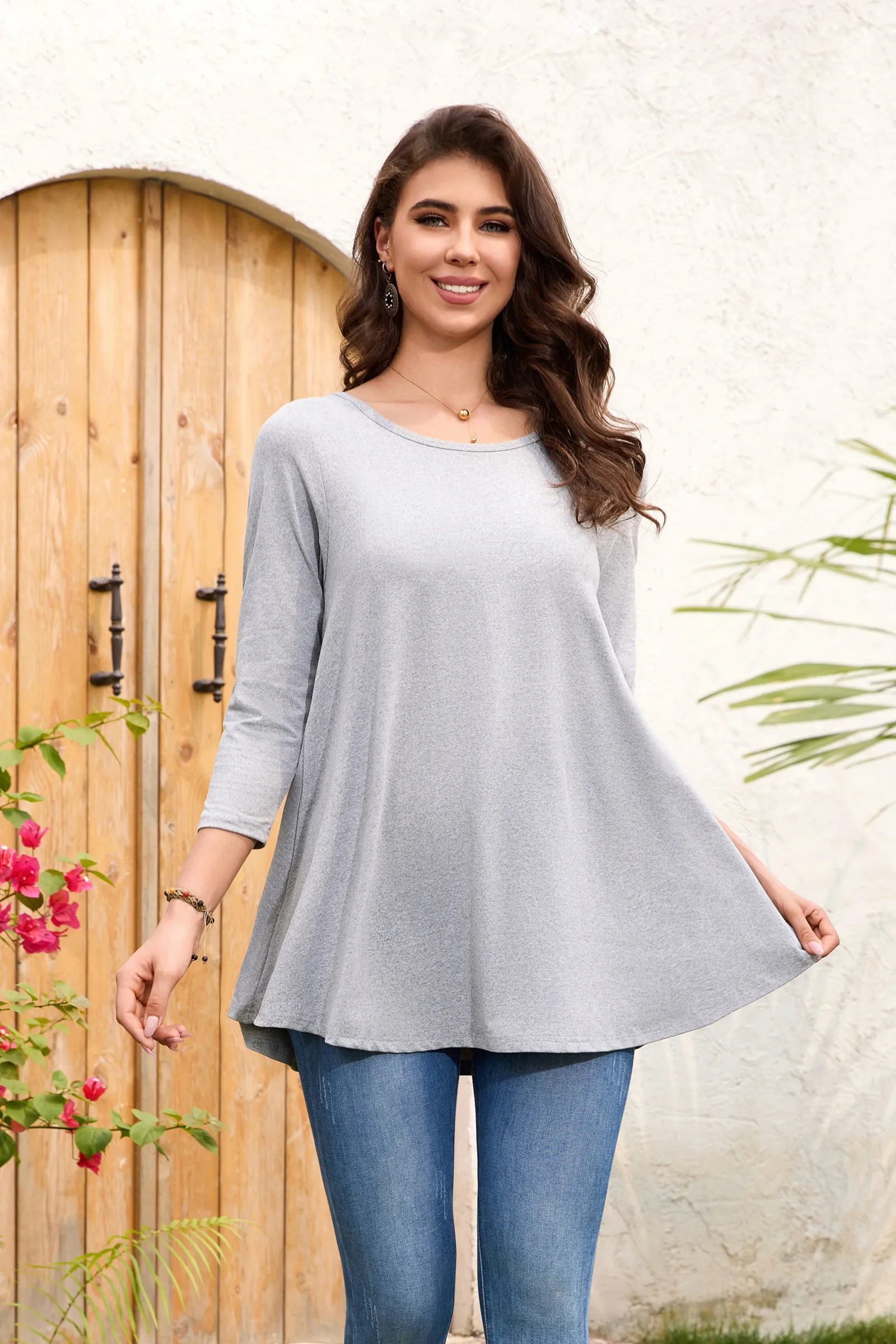 Tunic Tops for Women Plus Size 3/4 Sleeve Crew Neck Swing Flare Loose T-Shirt Blouses to Wear with Leggings - splensive