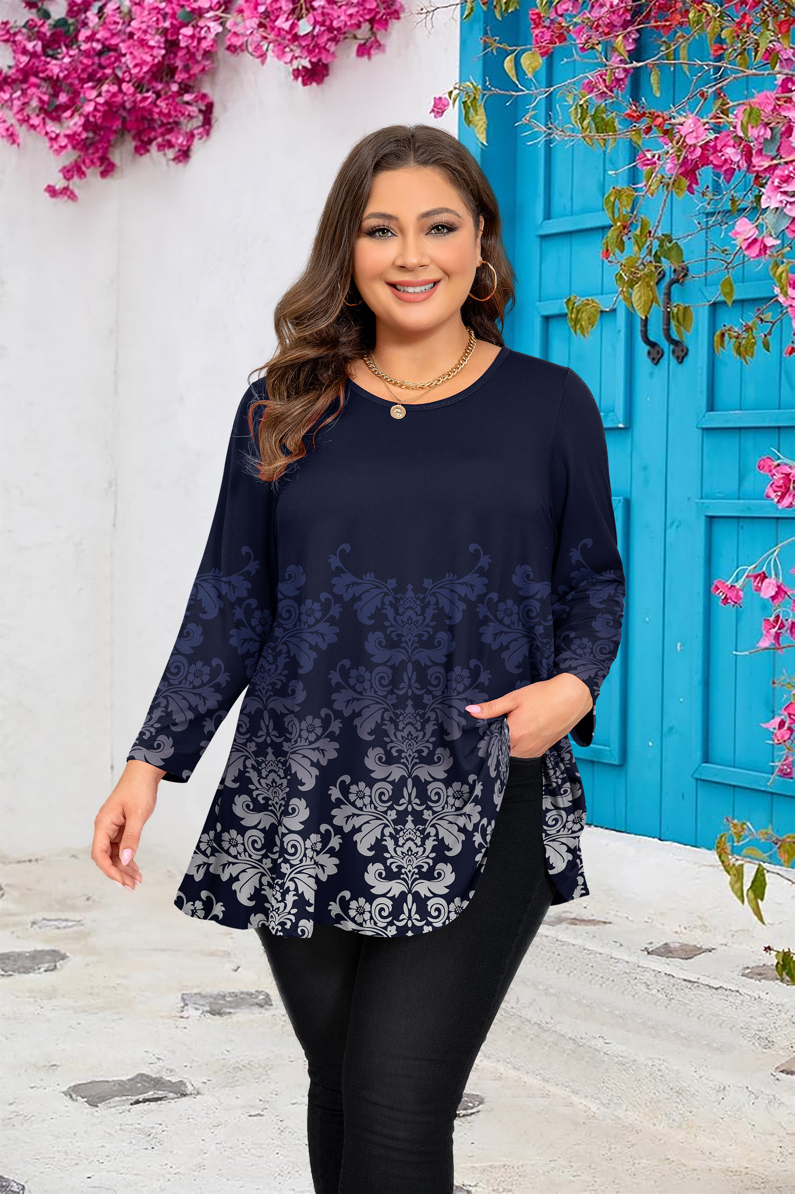 Womens Tunic 3/4 Sleeve Plus Size Tops Crew Neck Swing Flowy Loose Fit T-Shirt Blouses to Wear with Leggings - splensive