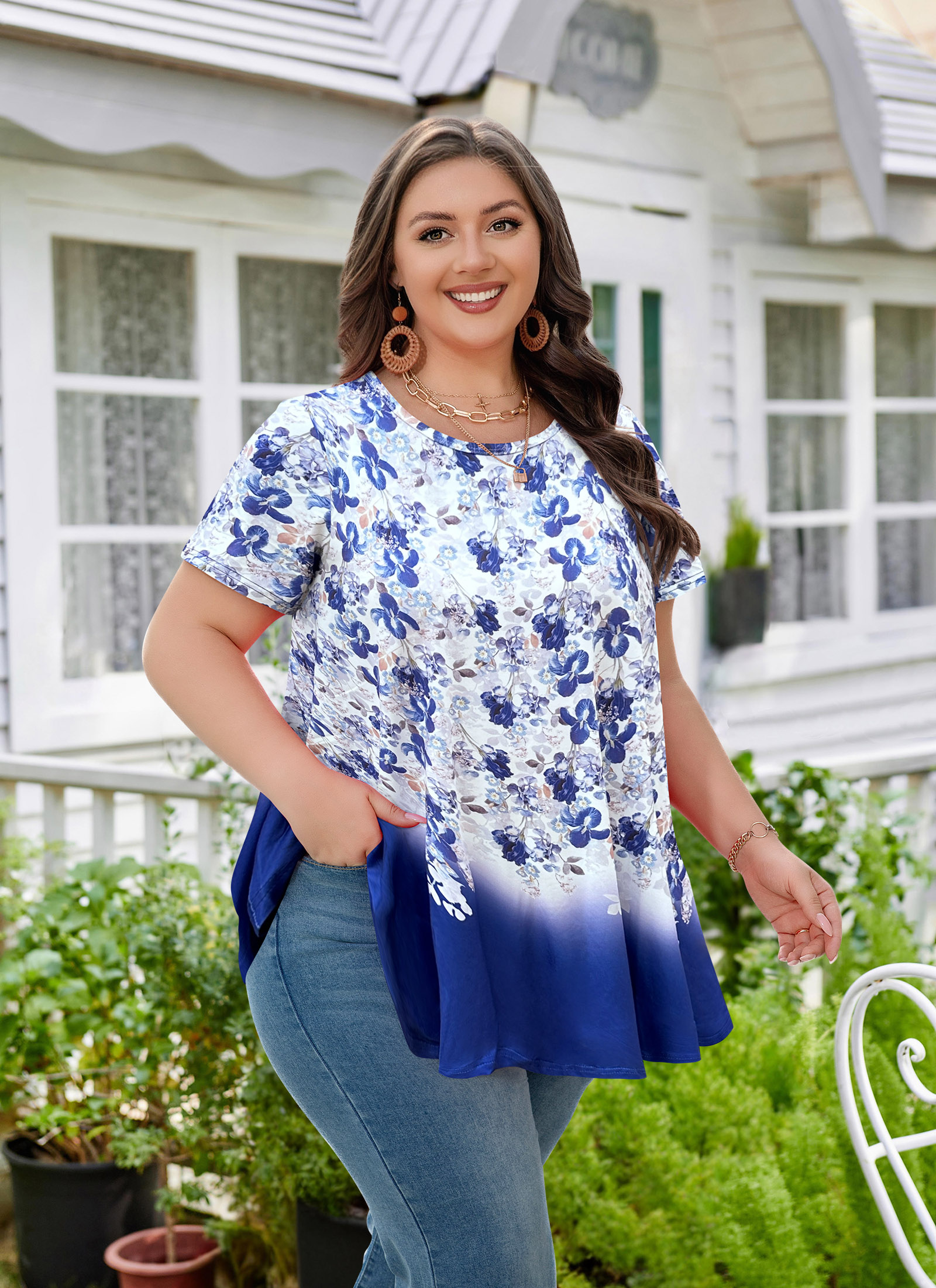 Tunic Tops for Women Plus Size Short Sleeve Crew Neck Swing Flare Loose T-Shirt Blouses to Wear with Leggings - splensive