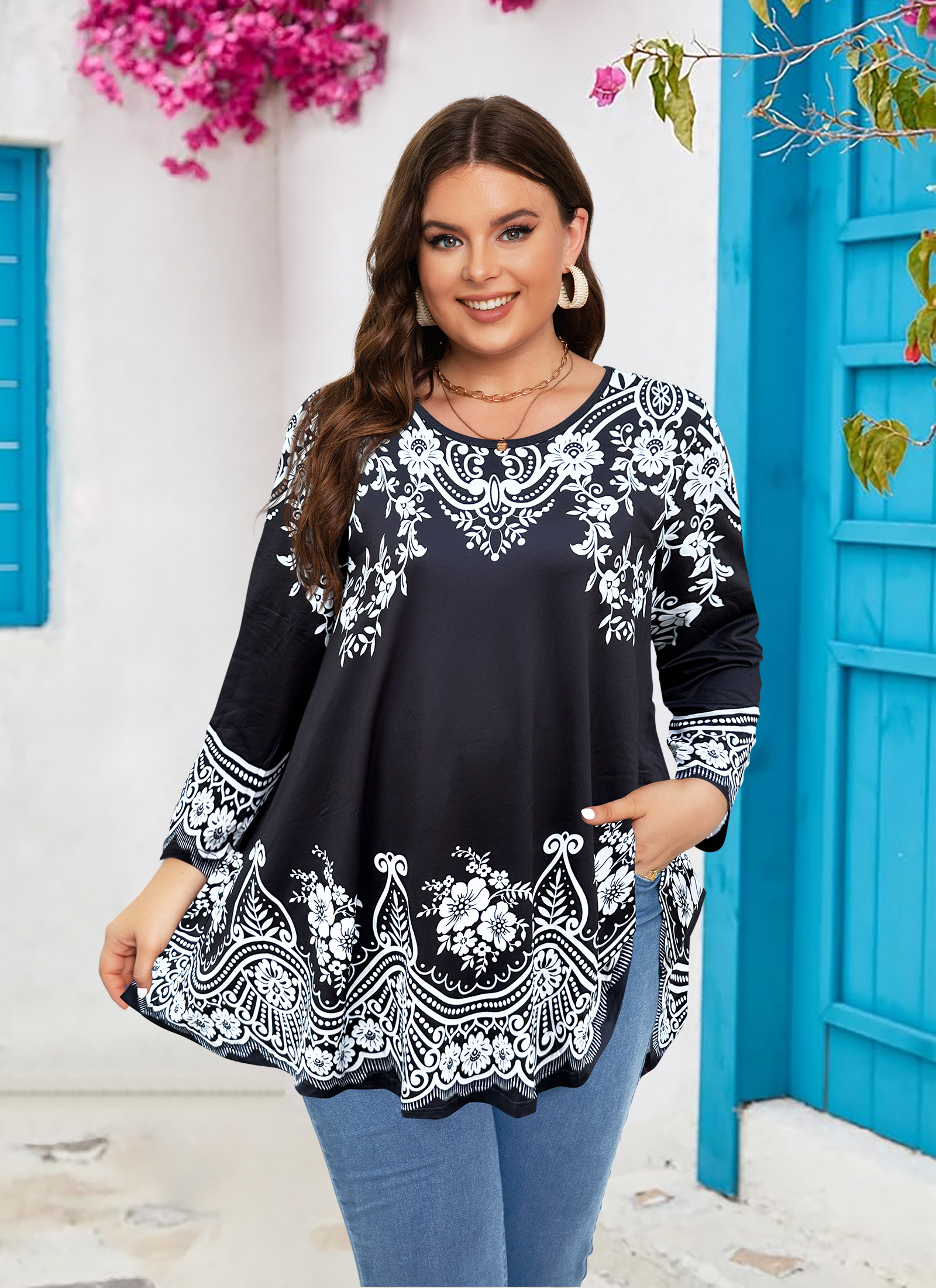 Womens Tunic 3/4 Sleeve Plus Size Tops Crew Neck Swing Flowy Loose Fit T-Shirt Blouses to Wear with Leggings Tunics Black White - splensive