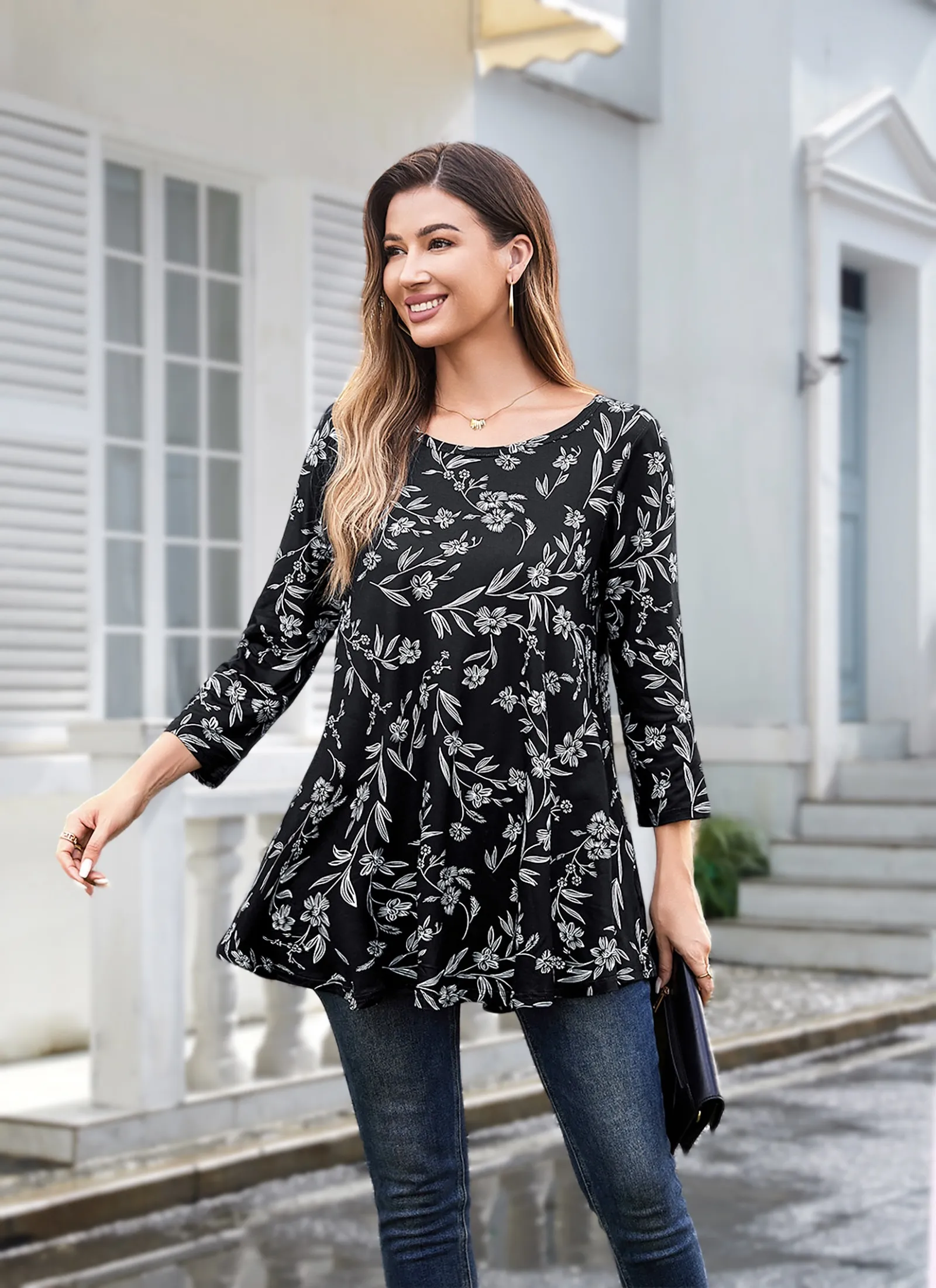 Tunic Tops for Women Plus Size 3/4 Sleeve Crew Neck Swing Flare Loose T-Shirt Blouses to Wear with Leggings - splensive