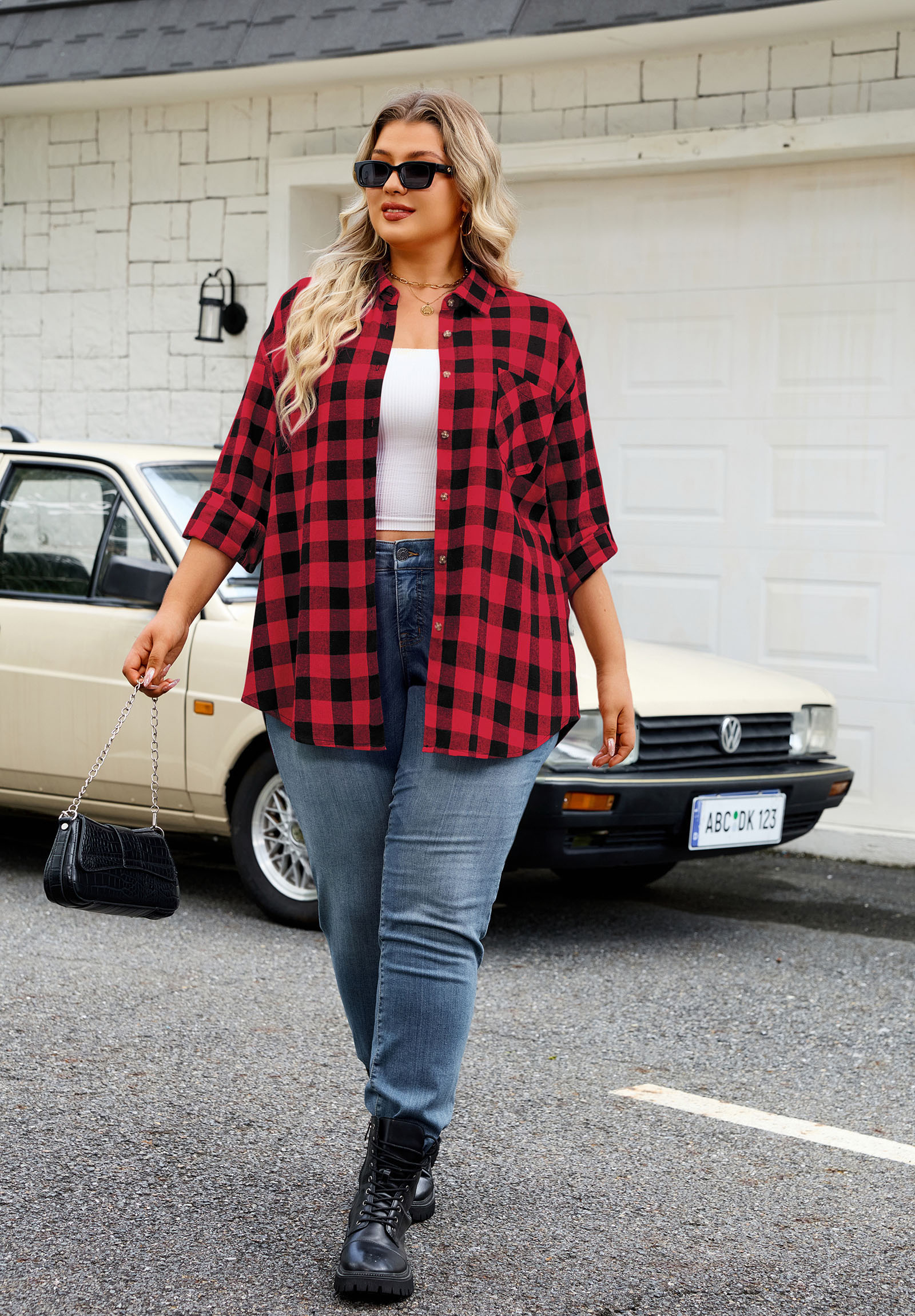 Womens Plus Size Flannel Shirts Long Sleeve Button Down Plaid Shirt Roll Up Oversize Checkered Blouse Top Fall E-01 Red Plaid Shirt - splensive