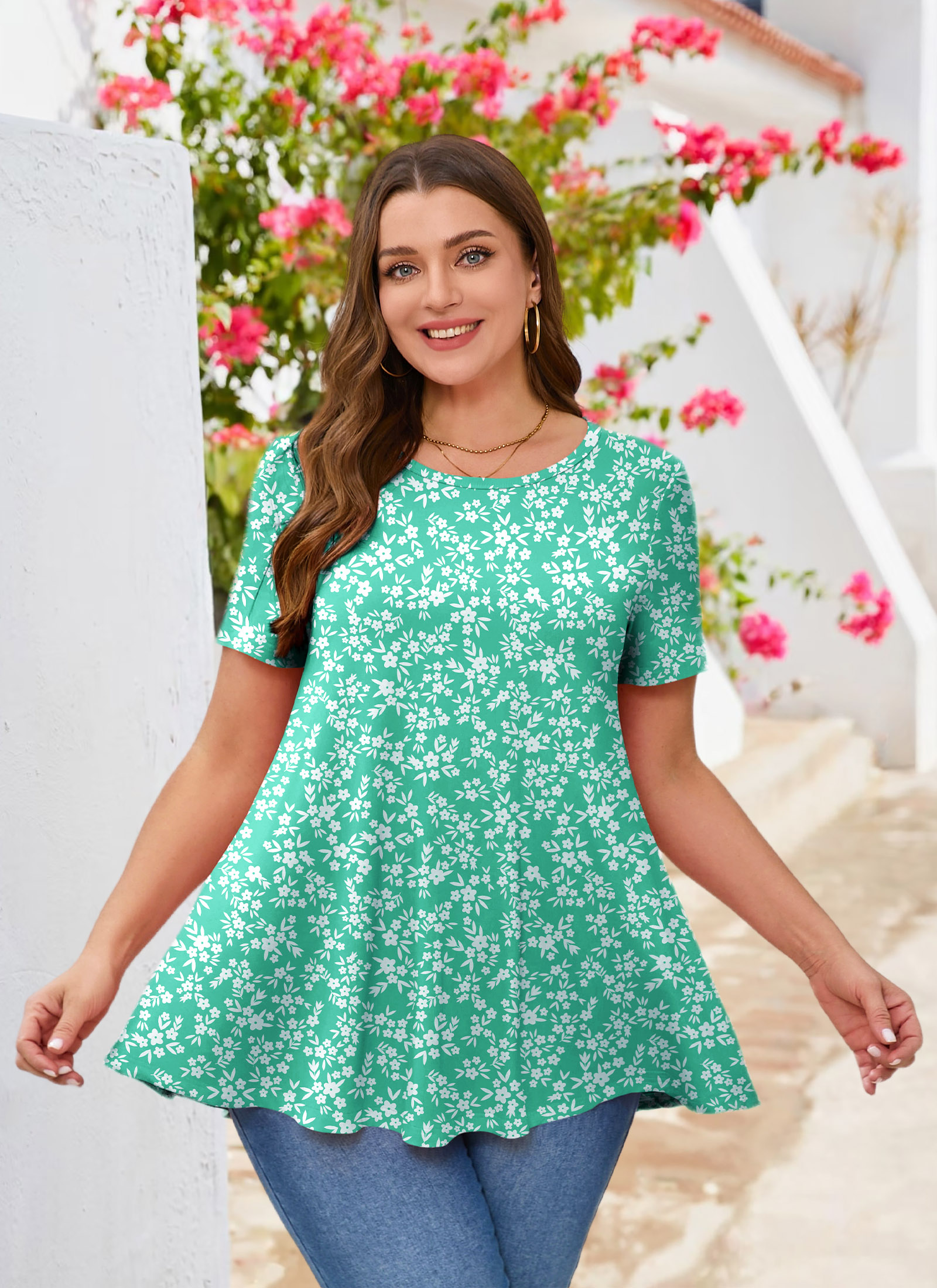 Tunic Tops for Women Plus Size Short Sleeve Crew Neck Swing Flare Loose T-Shirt Blouses to Wear with Leggings - splensive